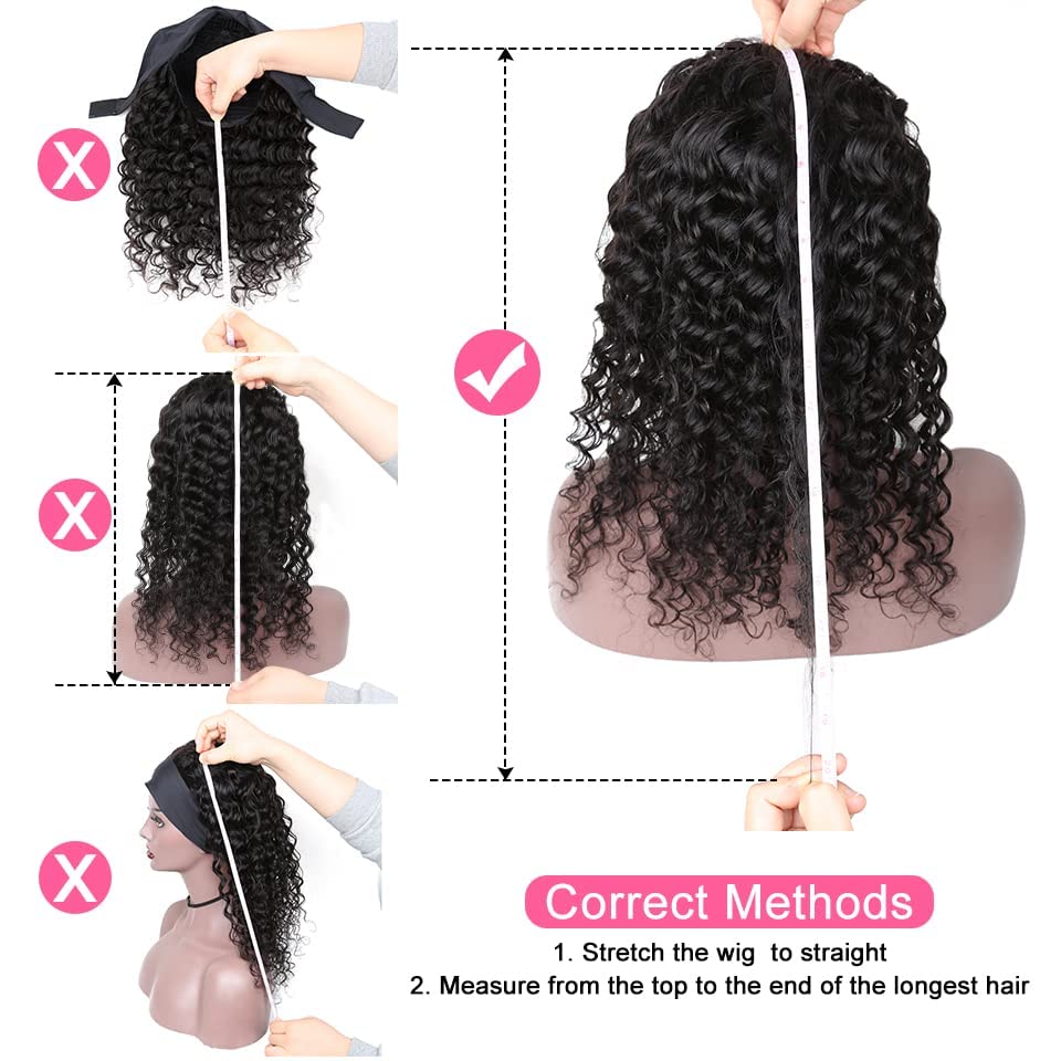 Headband Wig Human Hair Deep Wave 18 inch None Lace Front Wig Human Hair Machine Made Wigs Glueless Curly Hair Headband Half Wigs for Black Women Human Hair Natural Color