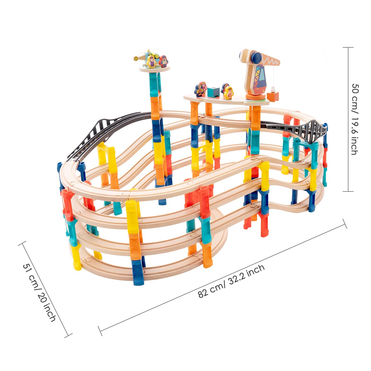 120Pcs Wooden Train Tracks Set, 398-inch Track Expansion, Toddler Railway Bridge Toy Train Set with Airplane and Magnetic Crane, Birthday Gifts for Boys and Girls, Compatible with All Major Brands