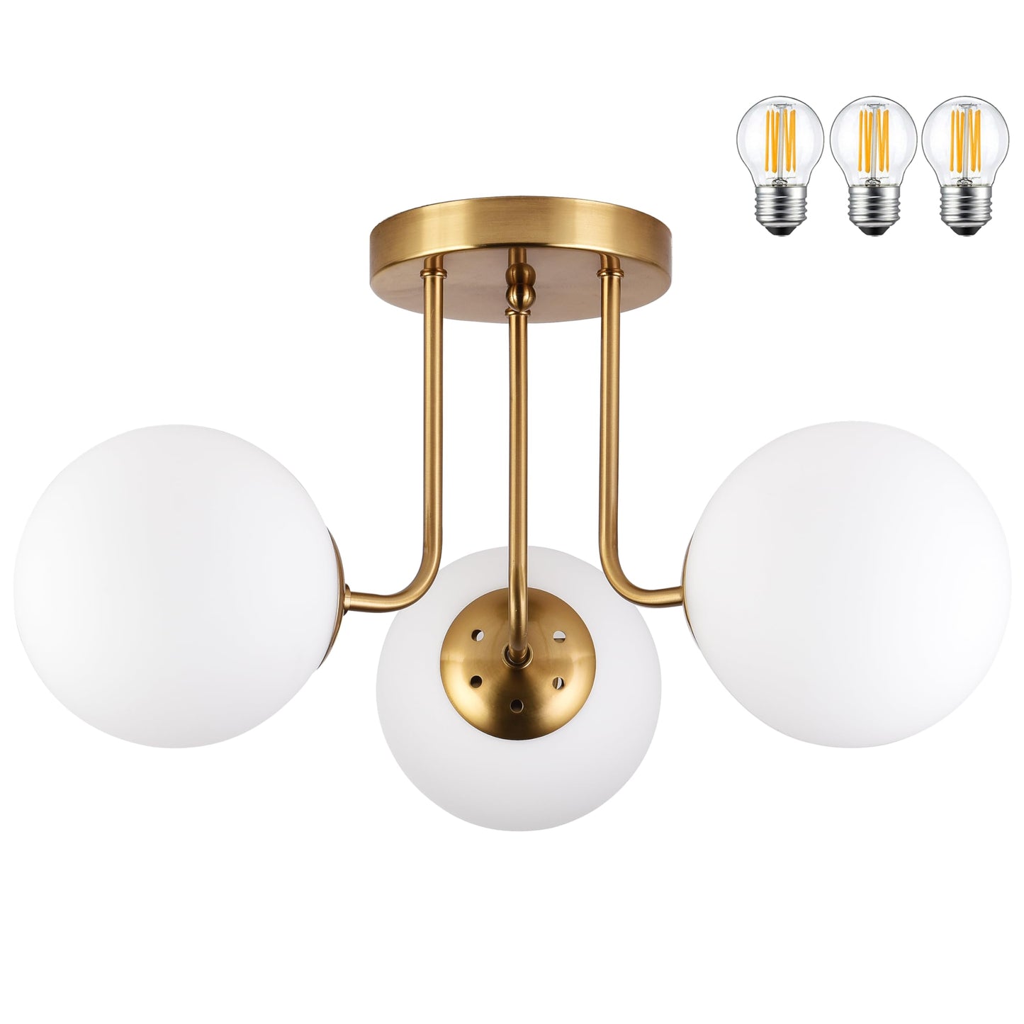 KoKo&Yukina 3-Light Semi Flush Mount Ceiling Light Globe Ceiling Light Mid Century Ceiling Light with Opal Milk Glass Globe & Brushed Brass for Bedroom Hallway Entryway Kitchen Living Room-Bulb Incl