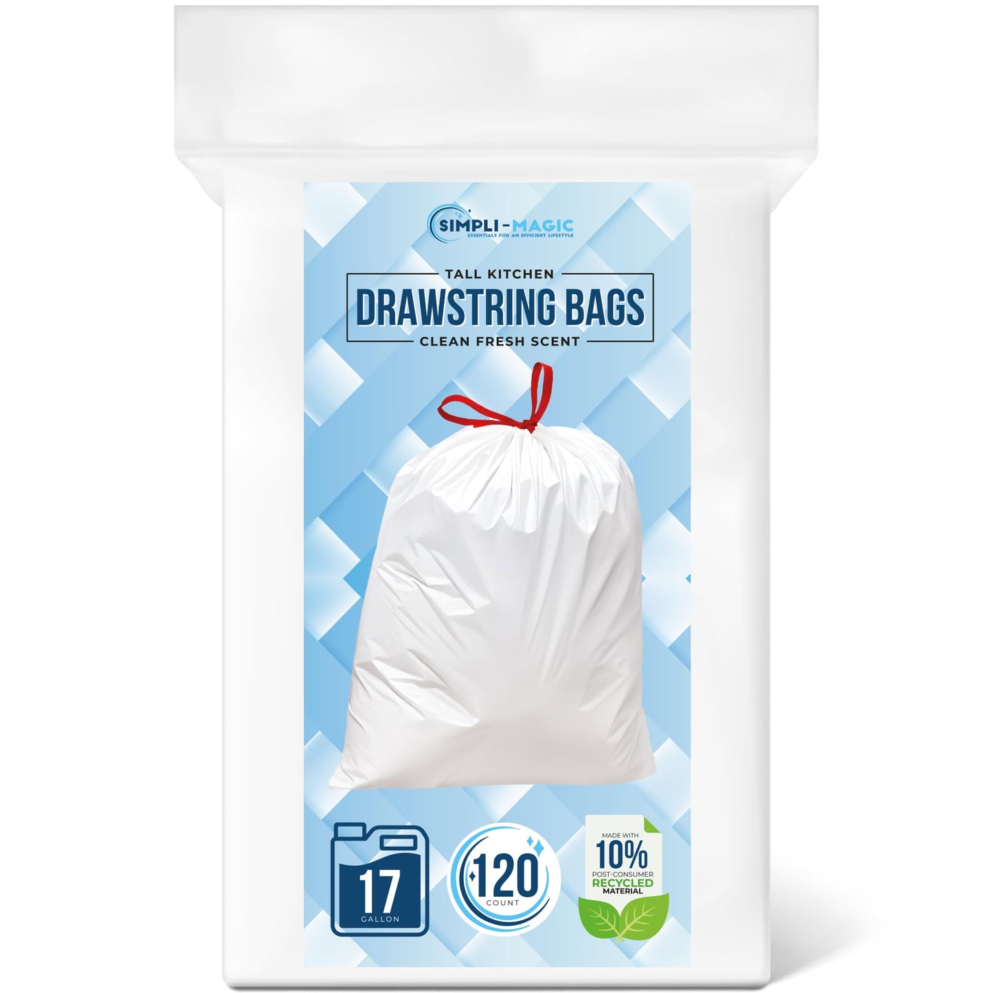 Simpli-Magic 17 Gallon Drawstring Trash Bags, Code C, 120 Pack – Tall Kitchen Garbage Bags, Custom Made with Premium Materials (White)