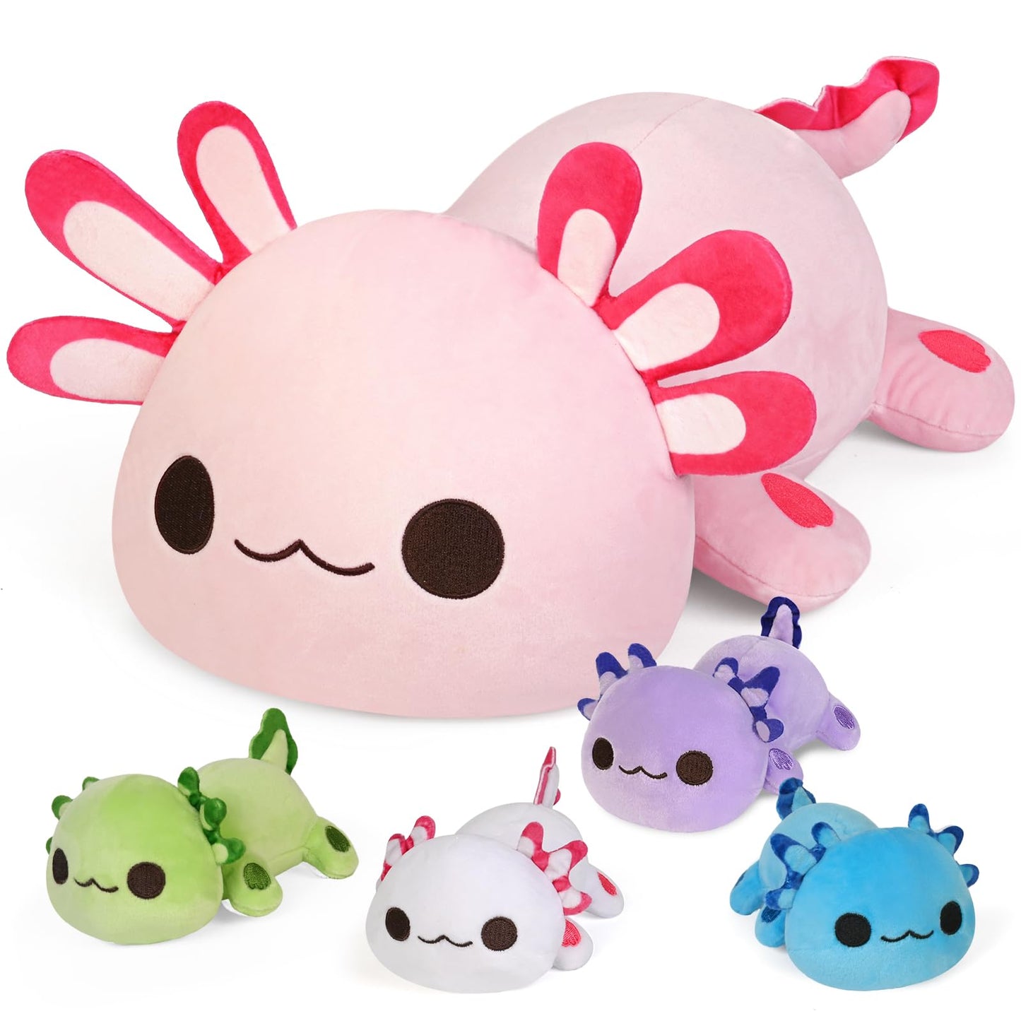 KMUYSL Axolotl Plush Toys for Ages 3 4 5 6 7 8+ Year Old- Axolotl Mommy Stuffed Animal with 4 Baby Axolotls in Her Tummy, Plush Toys Set, Christmas Birthday Gifts for Baby, Toddler, Kids