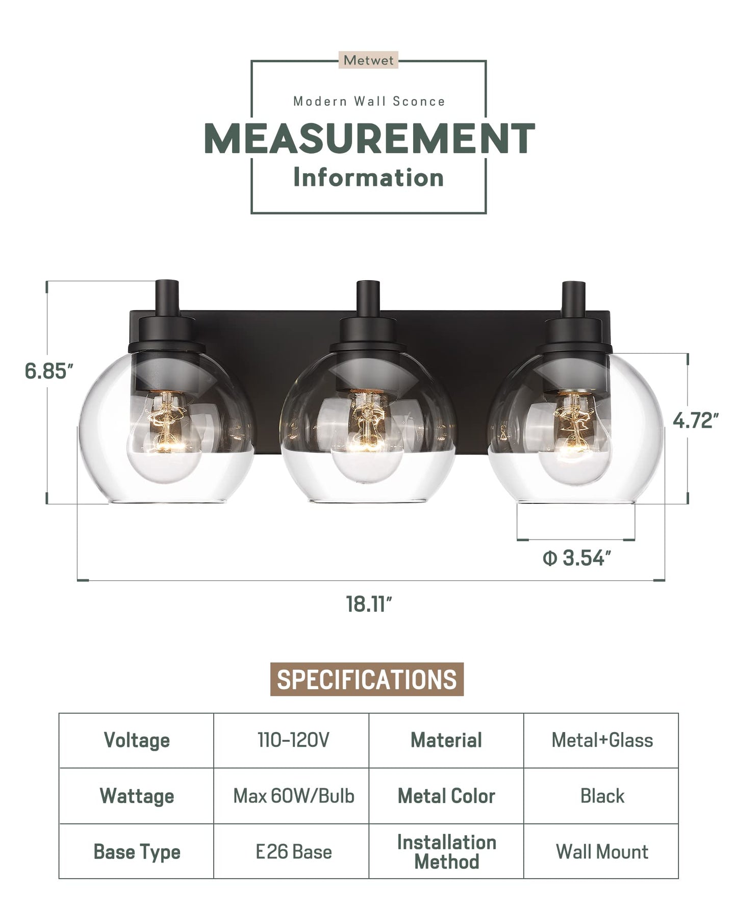 METWET Bathroom Light Fixtures, 3-Light Matte Black Vanity Light, Modern Wall Sconces with Clear Glass Globe Shade, Bathroom Wall Lights for Mirror Kitchen Bedroom Hallway, VL195-MB-3