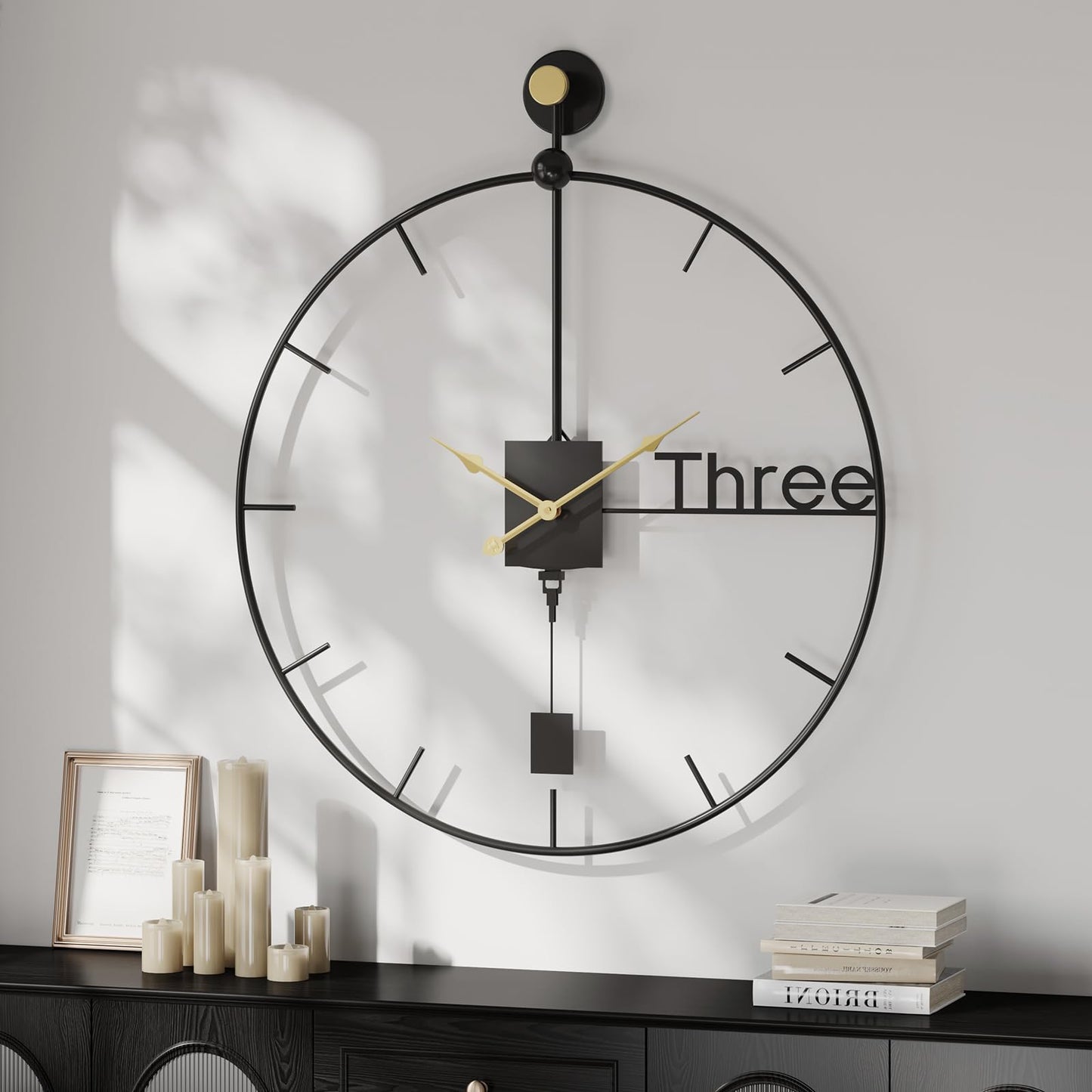 Cuspin Modern Large Wall Clock 24 inch with Pendulum, Battery Operated Silent Non-Ticking Metal Wall Clock for Living Room Decor, Decorative Hanging Clock for Bedroom, Office, Kitchen, Home