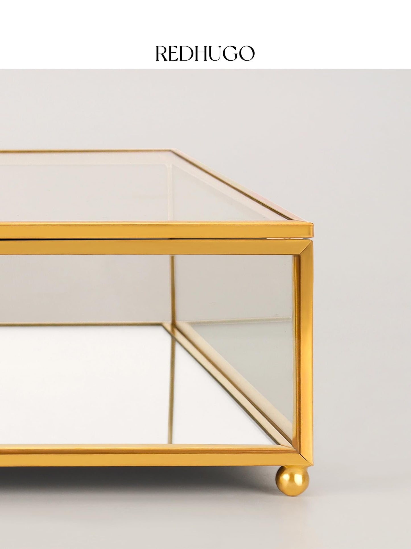 REDHUGO Large Glass Boxes for Display Handmade, Mirrored Bottom, Glass Jewelry Trinket Box with Lid, for Book, Photo, Keepsake Organizer, Display Case for Vanity Decor Home Dresser, Gold