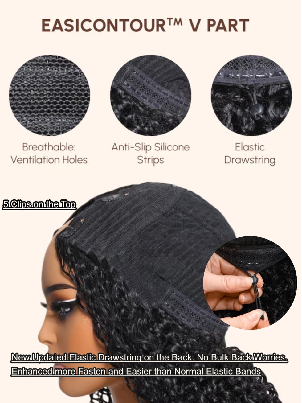 UNICE EasiContour Kinky Curly V Part Wigs Human Hair Minimal Leave Out Brazilian Glueless U Part Human Hair Wig Beginner Friendly No Sew in No Glue 150% Density 18 inches