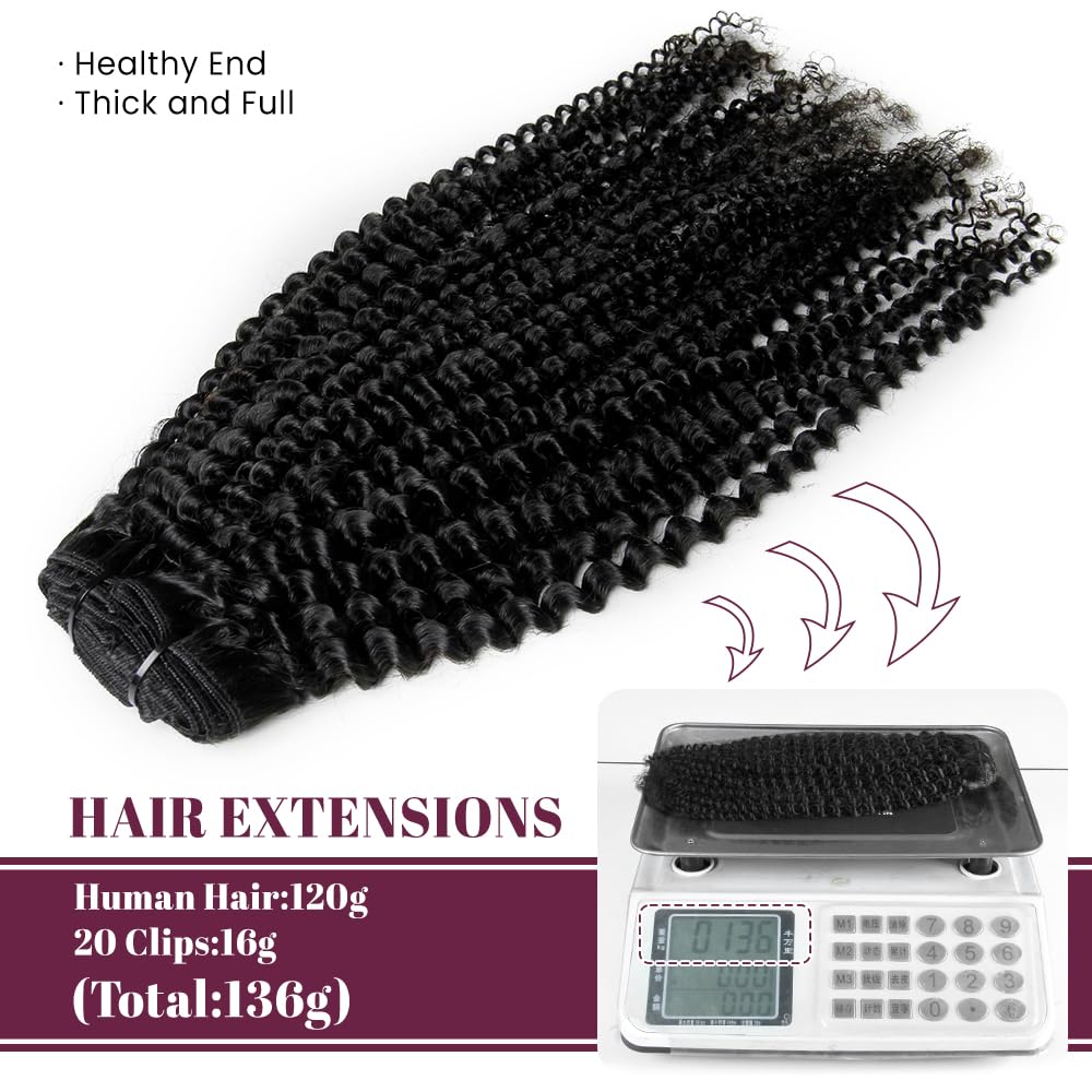 KRN Clip in Hair Extensions, 136g 8 pcs Kinky Curly Human Hair Extensions Clip ins for Black Women 12A Natural Black Real Hair Extensions Clips in Human Hair with 20 Clips Easy to Wear 20 Inch
