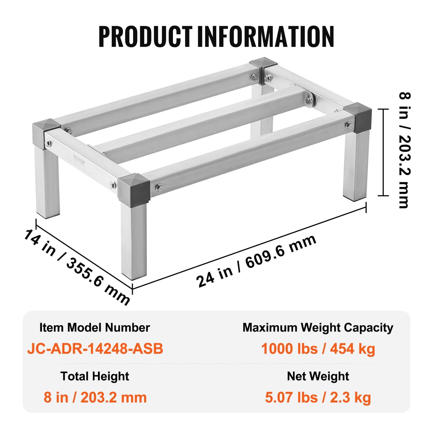 VEVOR Aluminum Dunnage Rack, 24” x 14” Commercial Food Floor Rack, 8” Off the Floor, 1000 lbs Capacity Adjustable Aluminum Storage, for Storage in Restaurants, Kitchens, Garages and Vehicles