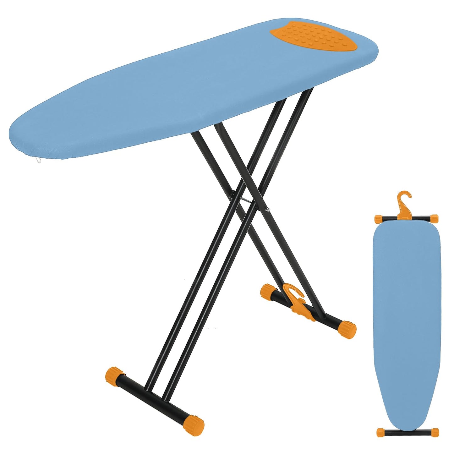 RAINHOL Compact Ironing Board Full Size 43x13 with Extra Thick Padded Cover, Height Adjustable Iron Board with Hanger, Easy to Fold Space Saver Design for Dorm Apartment Small Laundry Rooms, Blue
