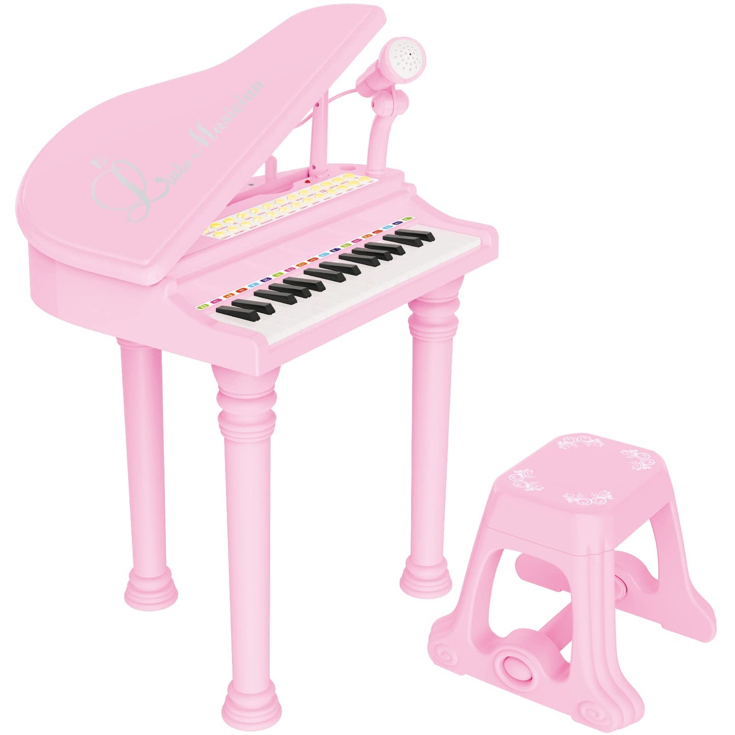 Kids Piano Keyboard Toy, Toddler Electronic Musical Instrument Educational Toy with Microphone, Multiple Sounds, Record Playback, Lights & Stool, Birthday Gift for 3 4 5 6 7 Years Old Girls