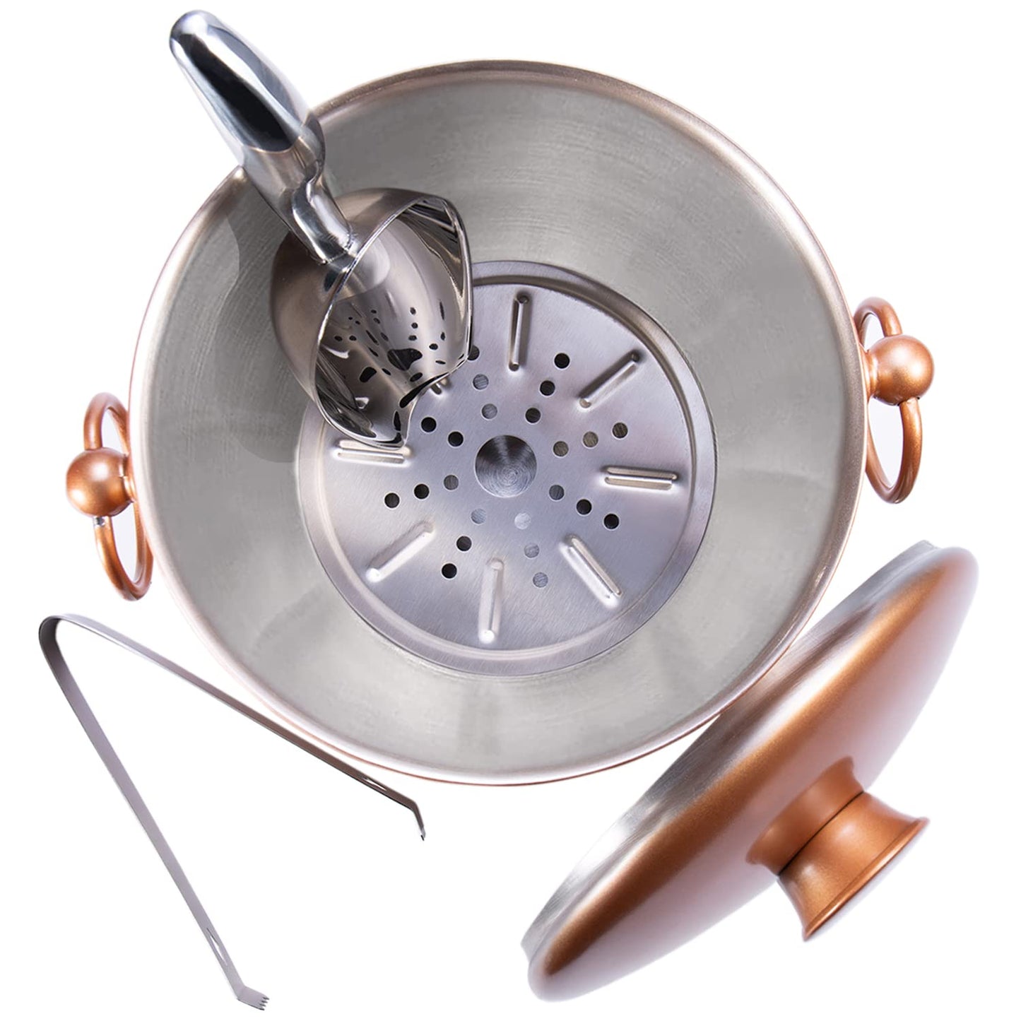 Ice Bucket with Lid, Scoop, Tongs and Strainer - Well Made Insulated Stainless Steel Keep Ice Frozen Longer - Ideal for Cocktail Bar, Parties, Chilling Wine, Champagne - 3 Liter (Copper)