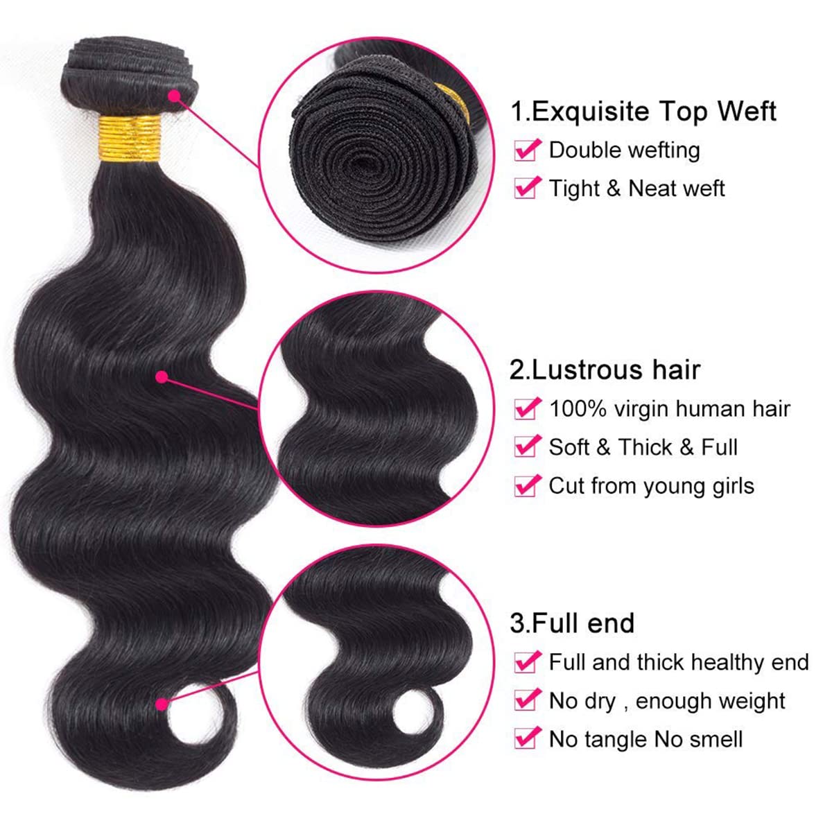 Body Wave Bundles Human Hair 14 16 18 Inch 100% Unprocessed Brazilian Human Hair 3 Bundles For Black Women Body Wave Hair Extensions Natural Color