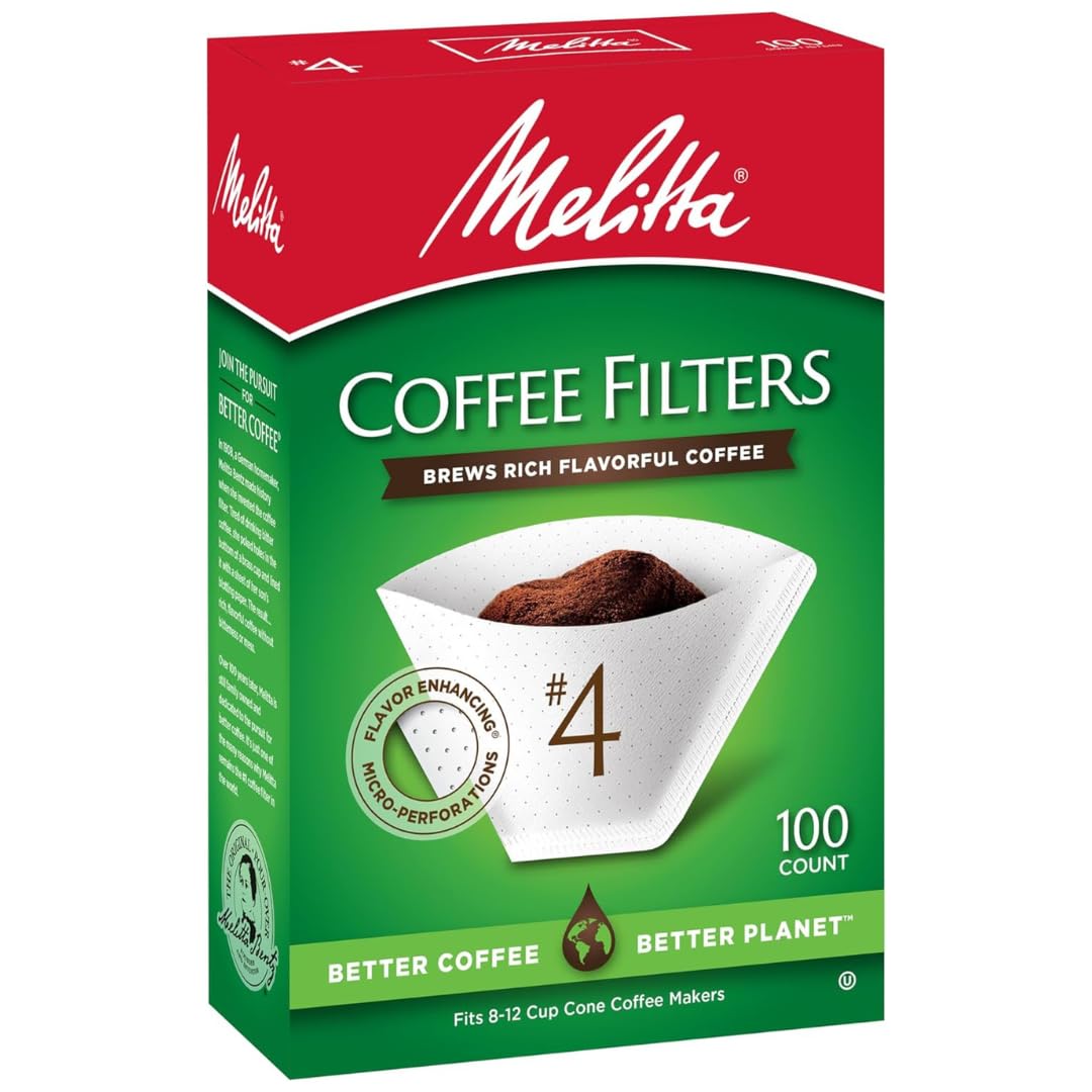 Melitta #4 Cone Coffee Filters, White, 100 Count (Pack Of 6), 600 Total Filters - Fits all 8-12 Cup Cone Coffee Makers and Pour-Overs, Compostable, Tear-Resistant, Made in USA