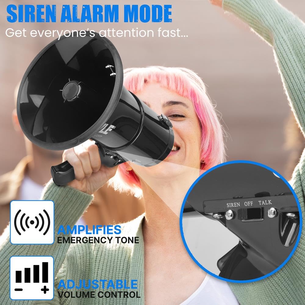 Pyle Megaphone Speaker PA Bullhorn with Built-in Siren 50 Watts & Adjustable Volume Control Ideal for Football, Baseball, Hockey, Cheerleading Fans & Coaches or for Safety Drills - PMP53IN