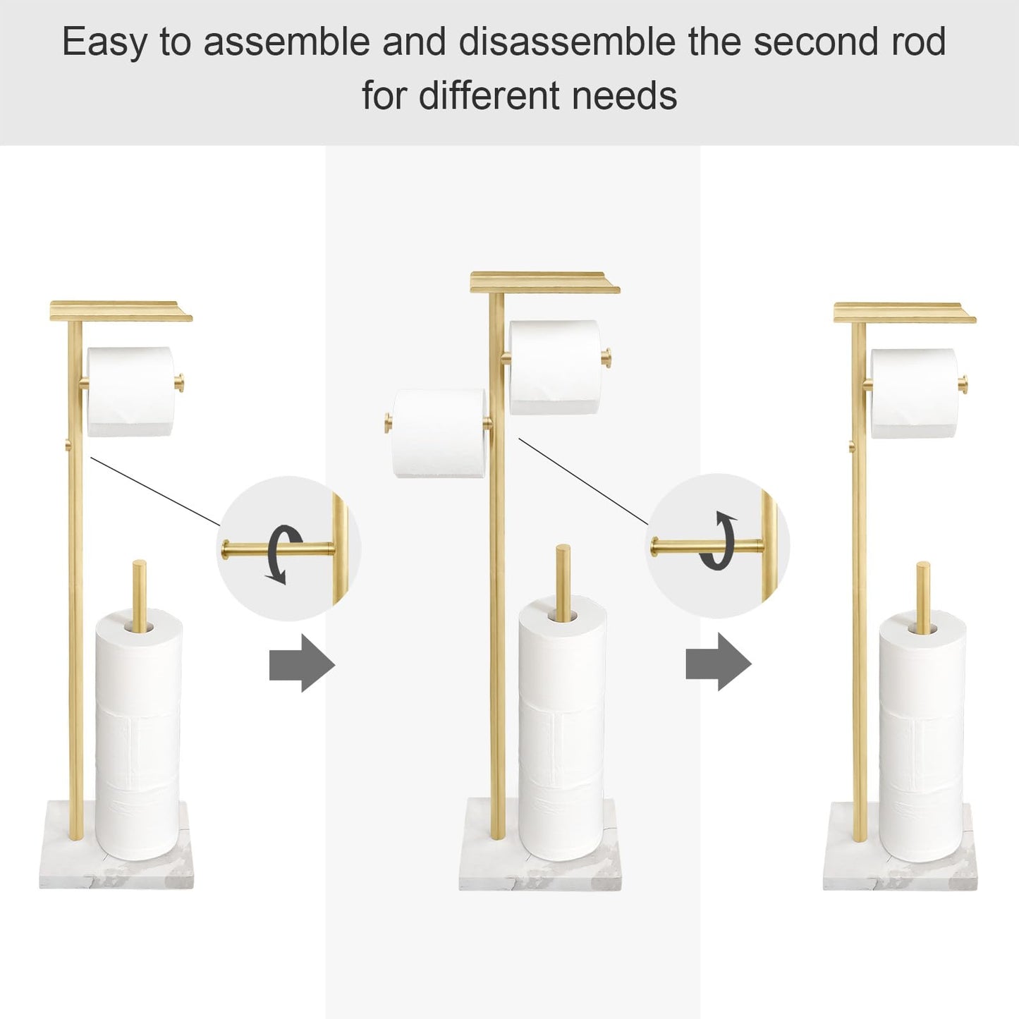 GZILA Brushed Gold Toilet Paper Stand Holder with Shelf, Marble Design Base Free Standing Toilet Paper Roll Holder with 2 Dispenser SUS 304 Stainless Steel Reserve, Storage 5 Rolls