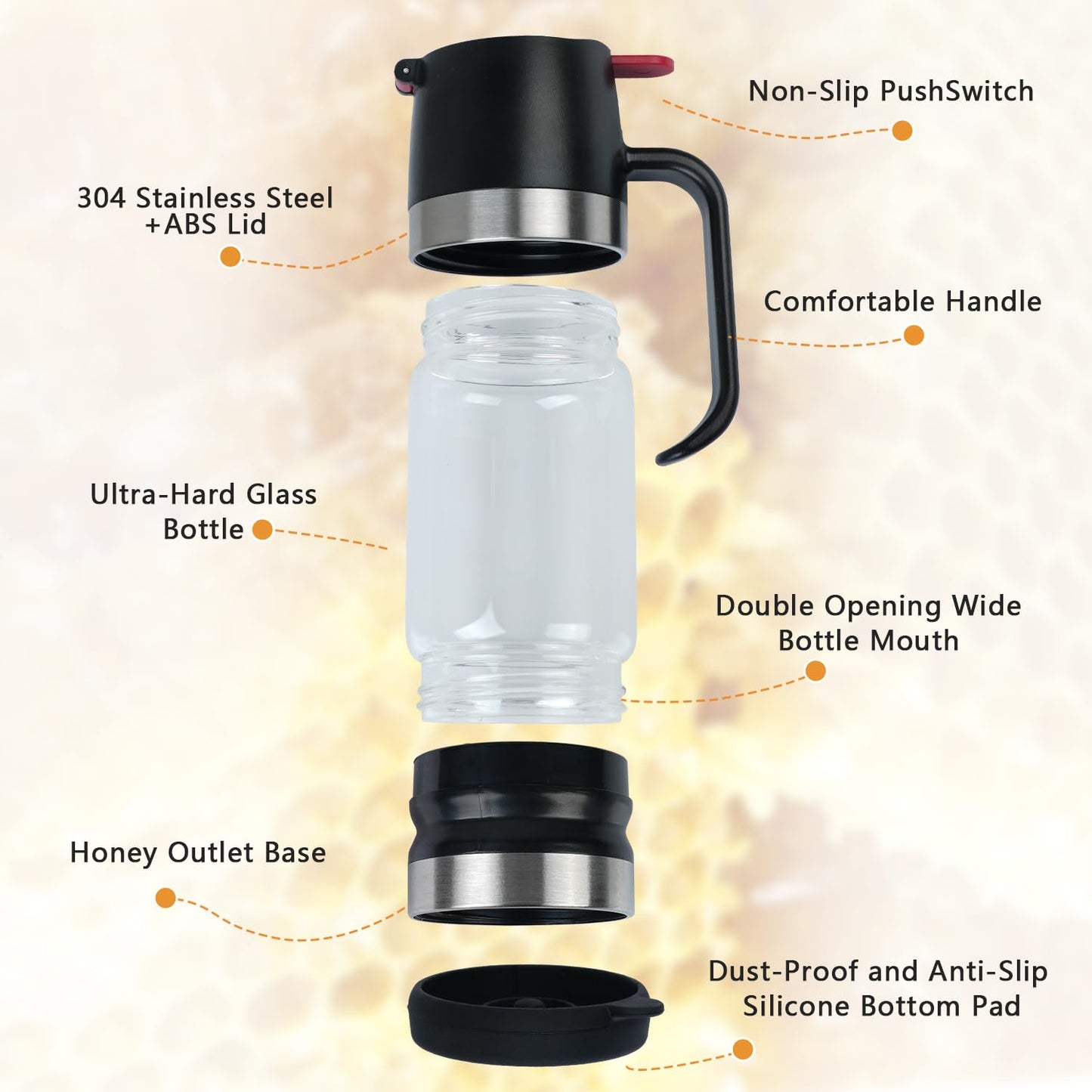 Honey Dispenser 12Oz 2Pack No Drip with Stand, Glass Honey Jar, Syrup Dispenser, Easy One Hand Use Honey Pot for Coffee or Tea, Mess Free Honey Dispenser for Syrup, Honey Container (2Pack Black)