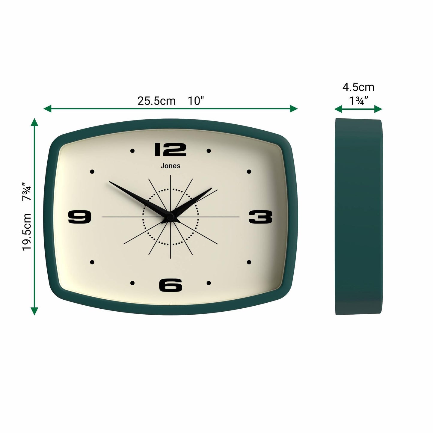 JONES CLOCKS® Movie wall Clock | Retro Rectangular Clock | 10 inch | Dark Green | Cool mid-Century Designer Look for Kitchen, Living Room or Office