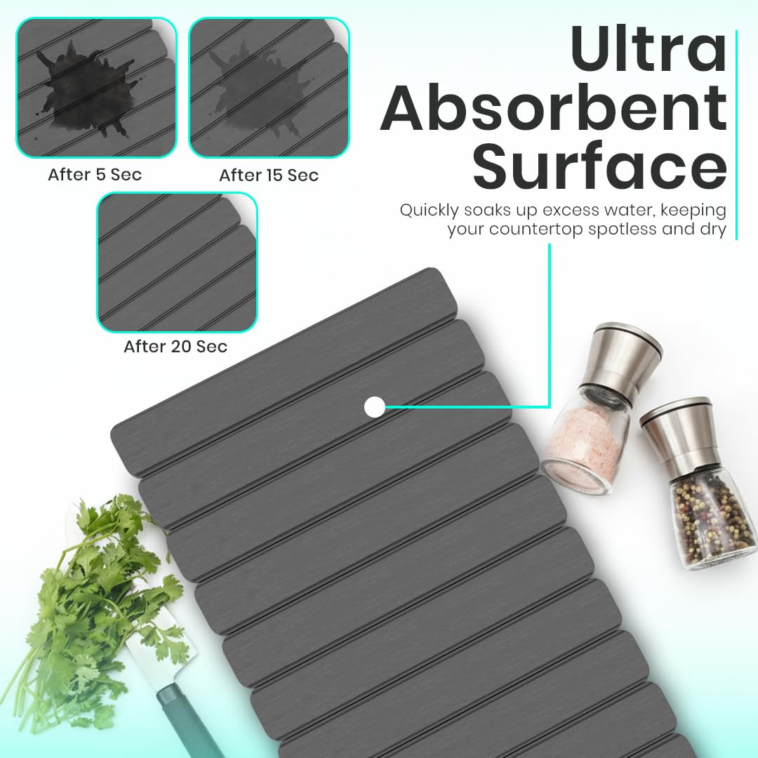 Stone Dish Drying Mat For Kitchen Counter - Fast-Drying 24"(L)×16"(W) Collapsable Diatomaceous Mat With Four Matching Stone Coasters - Versatile Stone Drying Mat for Cups, Dishes, Bottles