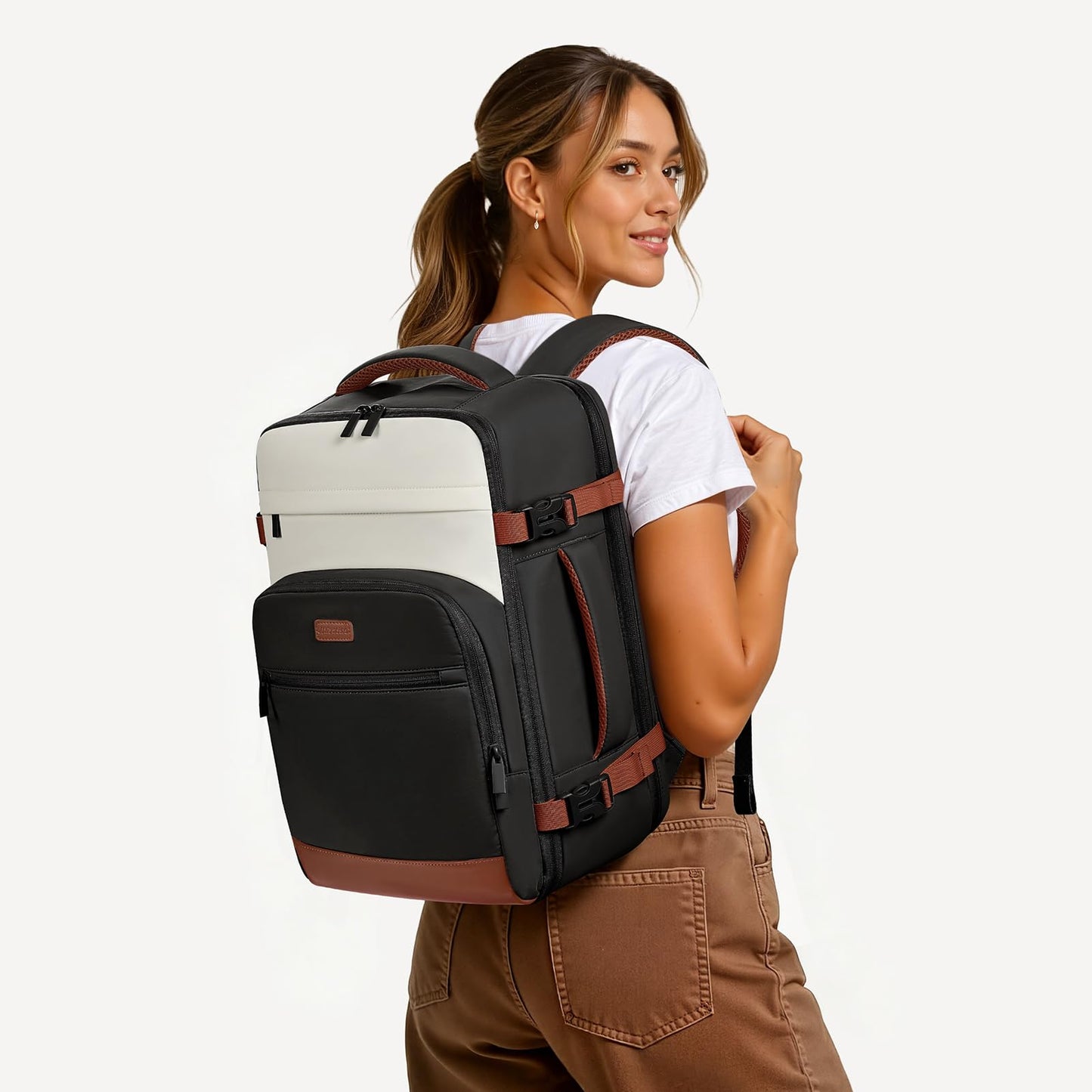mibasies 30L Travel Backpack for Women & Men: Flight Approved Carry On Backpack, TSA Personal Item Bag with Water Bottle Pocket, Weekender Essentials Backpacks fits 15.6" Laptop - Black White Brown