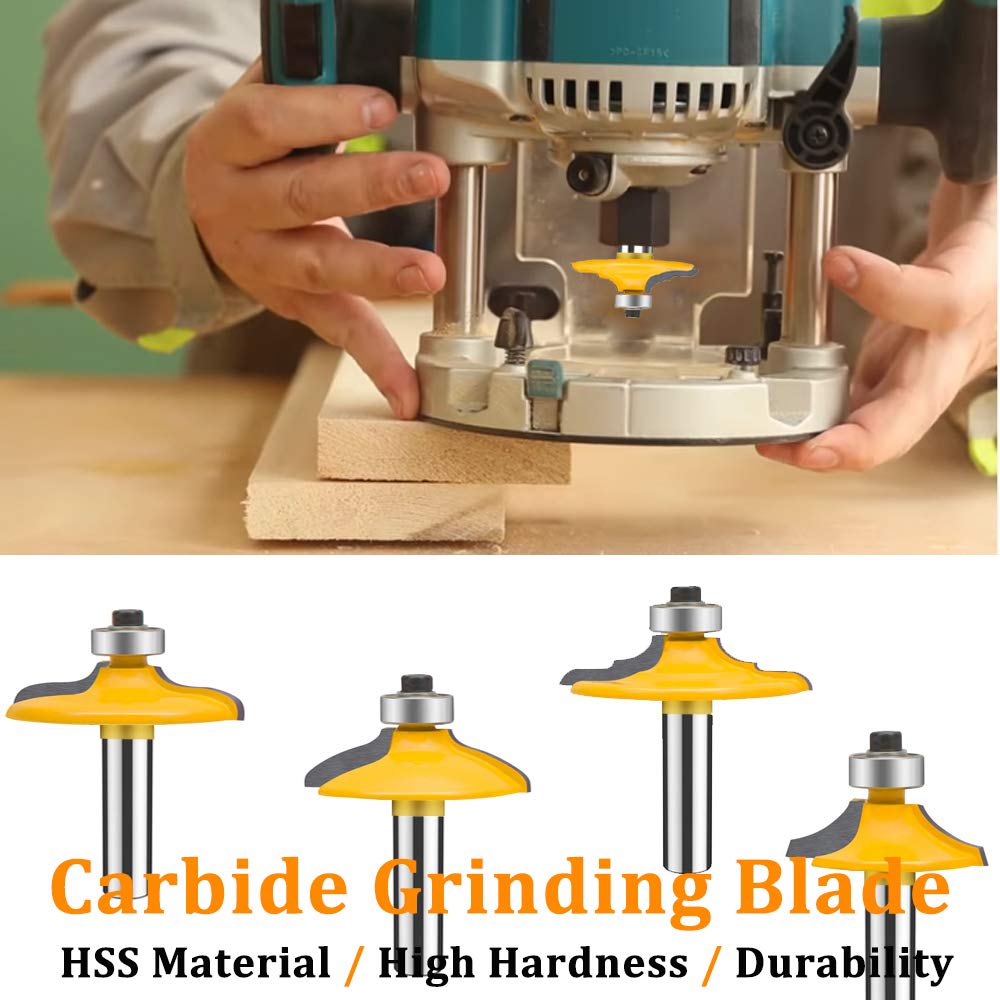TAIWAIN Router Bit Set 4PCS 1/4 Inch Shank Door&Drawer Front Edging Bits, Miter Frame Crown Molding Wood Milling Cutter Router, Woodworking Miter Carbide CNC Cutting Tool for Woodwork(F-1-4MG)