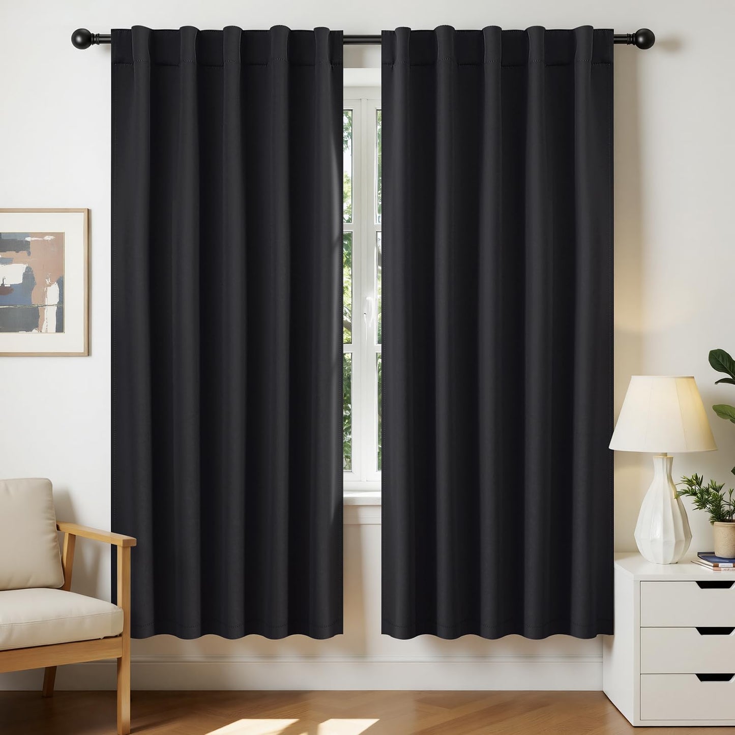 Joydeco 72 Inch Blackout Curtains for Bedroom, Black Out Curtains 72 Inch Long, Room Darkening Curtains & Drapes for Living Room Window Rod Pocket Back Tab (W52 x L72 Inch, Black)