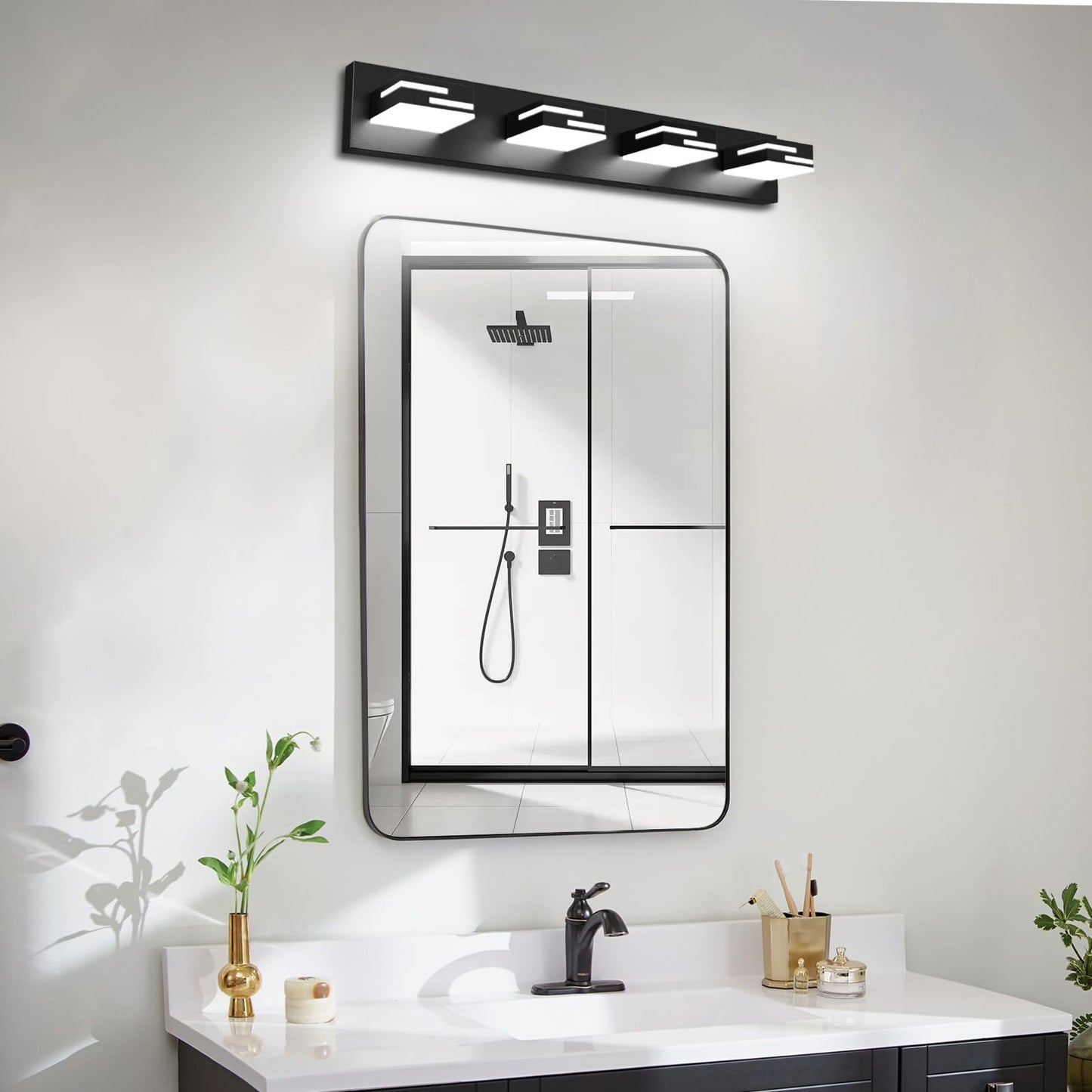 LKHF LED Modern Bathroom Vanity Light Fixtures, Dimmable Matte Black Vanity Lights for Bathroom Lighting Fixtures Over Mirror, with 360° Rotatable Acrylic Heads 4-Light 30-inch (Cool White 6000K)