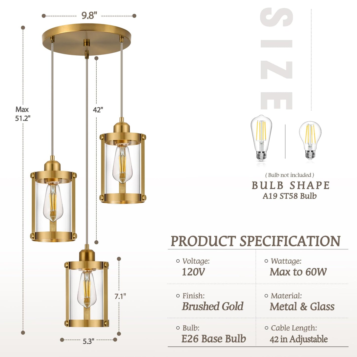 Osimir 3-Light Pendant Lighting, Brushed Gold Dining Room Chandelier Light Fixture Over Table with Clear Glass, Modern Cluster Hanging Lights for Kitchen Island Sink, OS-3014-3BG