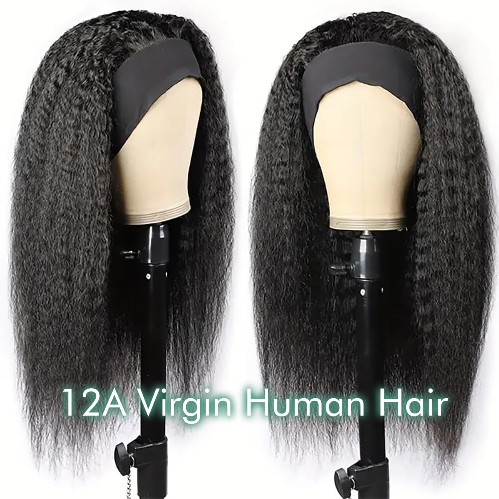 Kinky Straight Headband Wigs Human Hair For Black Women 12A 180 Density Yaki Straight Human Hair Headband Wig Half Wigs For Black Women Headband Human Hair Wig Natural Black 18 inch