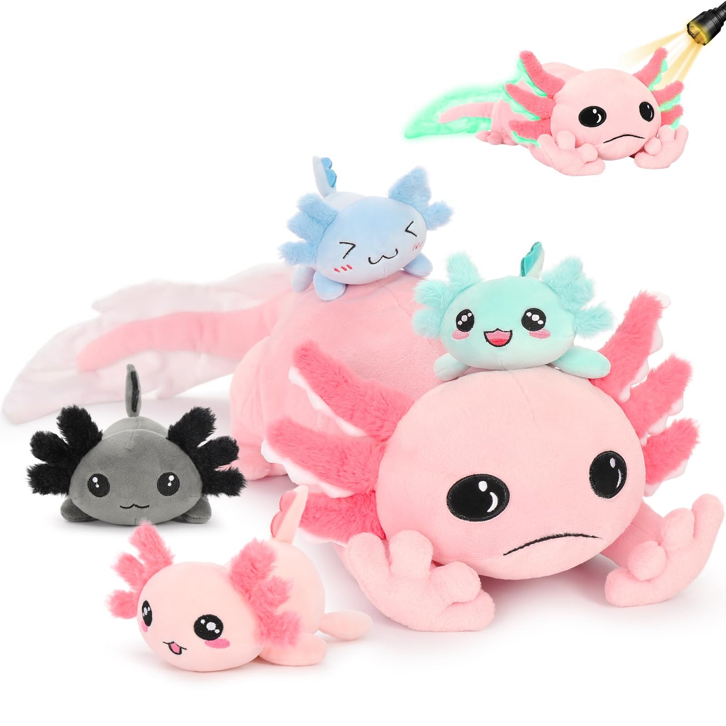 MaoGoLan 5 Pcs Axolotl Plush Stuffed Animal with 4 Babies Axolotl Toys Inside for Girls,Giant Luminous Axolotl Plush Family for Axolotl Lovers,Soft Long Stuffed Axolotl Glow in The Dark for Kids