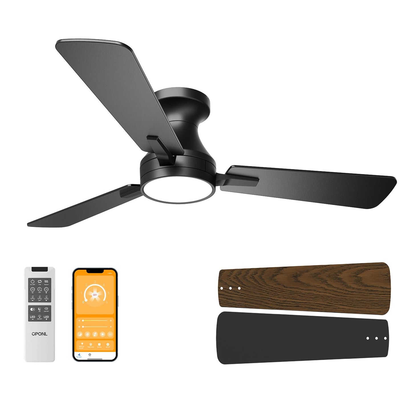 OPONL 42 Inch Black Ceiling Fan with Light, Remote Control, Noiseless, Reversible, 6CCT, Dimmable, Timeable, Metal Housing, Flush Mount Ceiling Fans with Lights for Bedroom, Indoor/Outdoor Use