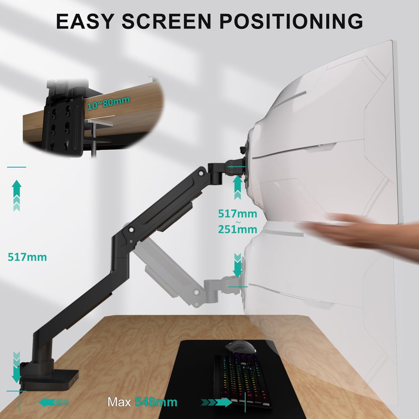 WALI Ultrawide Monitor Arm for 17-49 Inch Heavy Duty Curved Screens, Holds up to 44 Lbs, Adjustable Gas Spring Single Monitor Desk Mount with C-Clamp, Grommet Base, 75/100mm VESA, (GSM001XL), Black