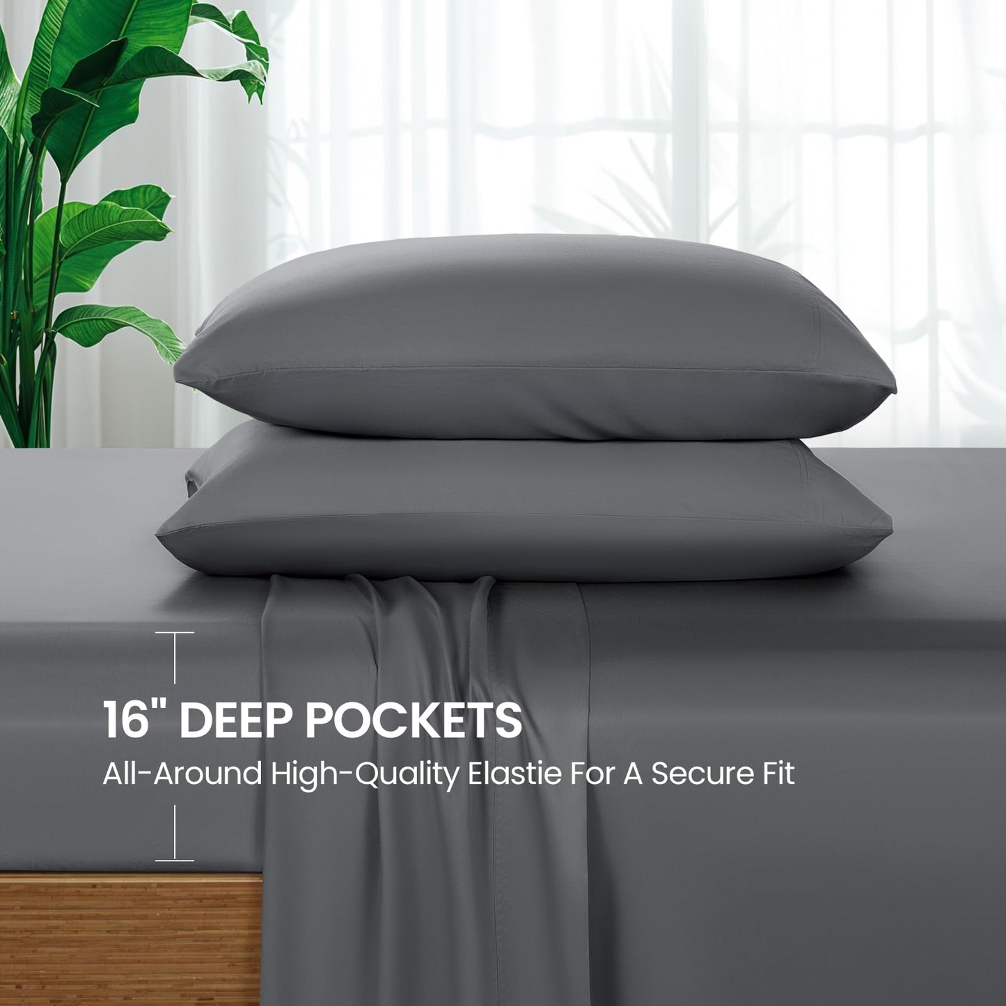 SONORO KATE 100% Viscose Derived from Bamboo_Sheets Cal King Size, Ultra Breathable & Cooling Bed Sheets for Hot Sleepers, Hotel Luxury Silky Bedding Sheets, 16" Deep Pocket - 4PC (Dark Grey,Cal King)