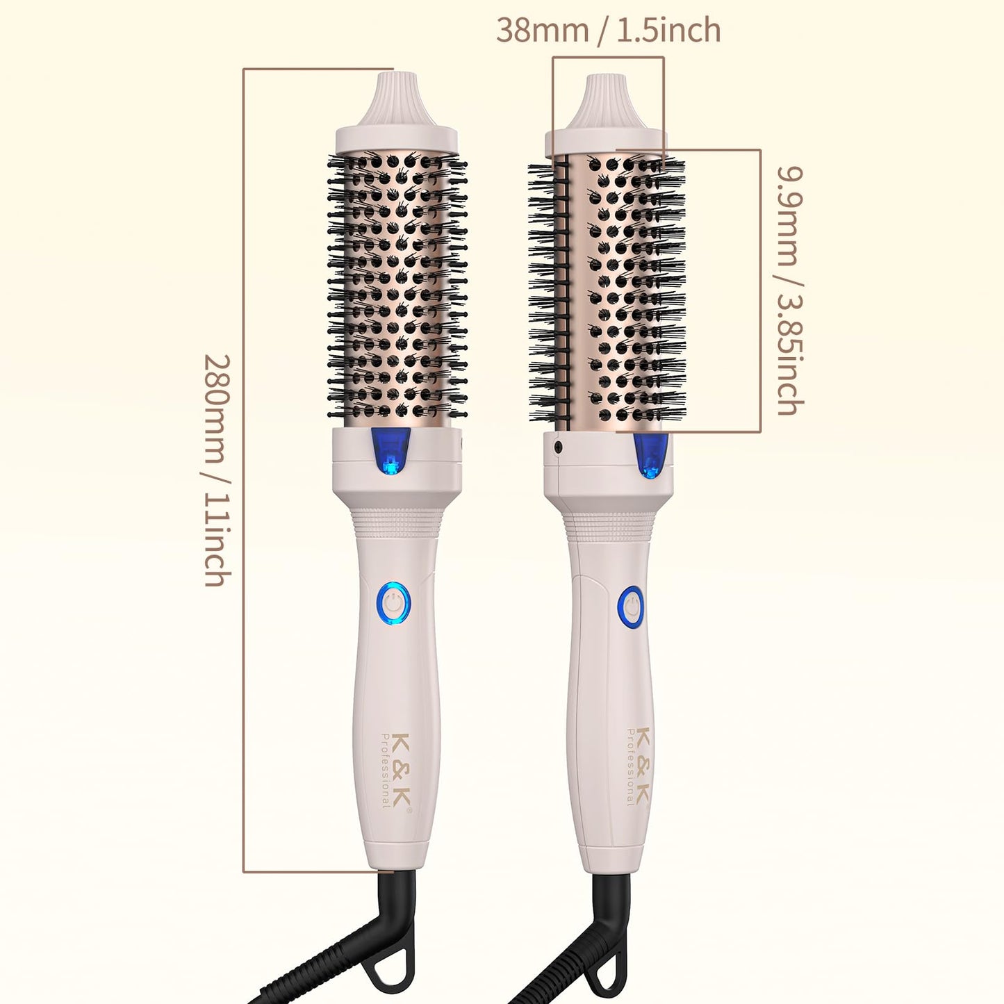 K&K 1.5 inch Volumizing Brush Heated Curling Ceramic Tourmaline Ionic Curling Iron Quick Heating Makes Hair Silky Smooth Dual Voltage Travel-Friendly Straightening Round Design (Pale Pink, 1.5 Inch)