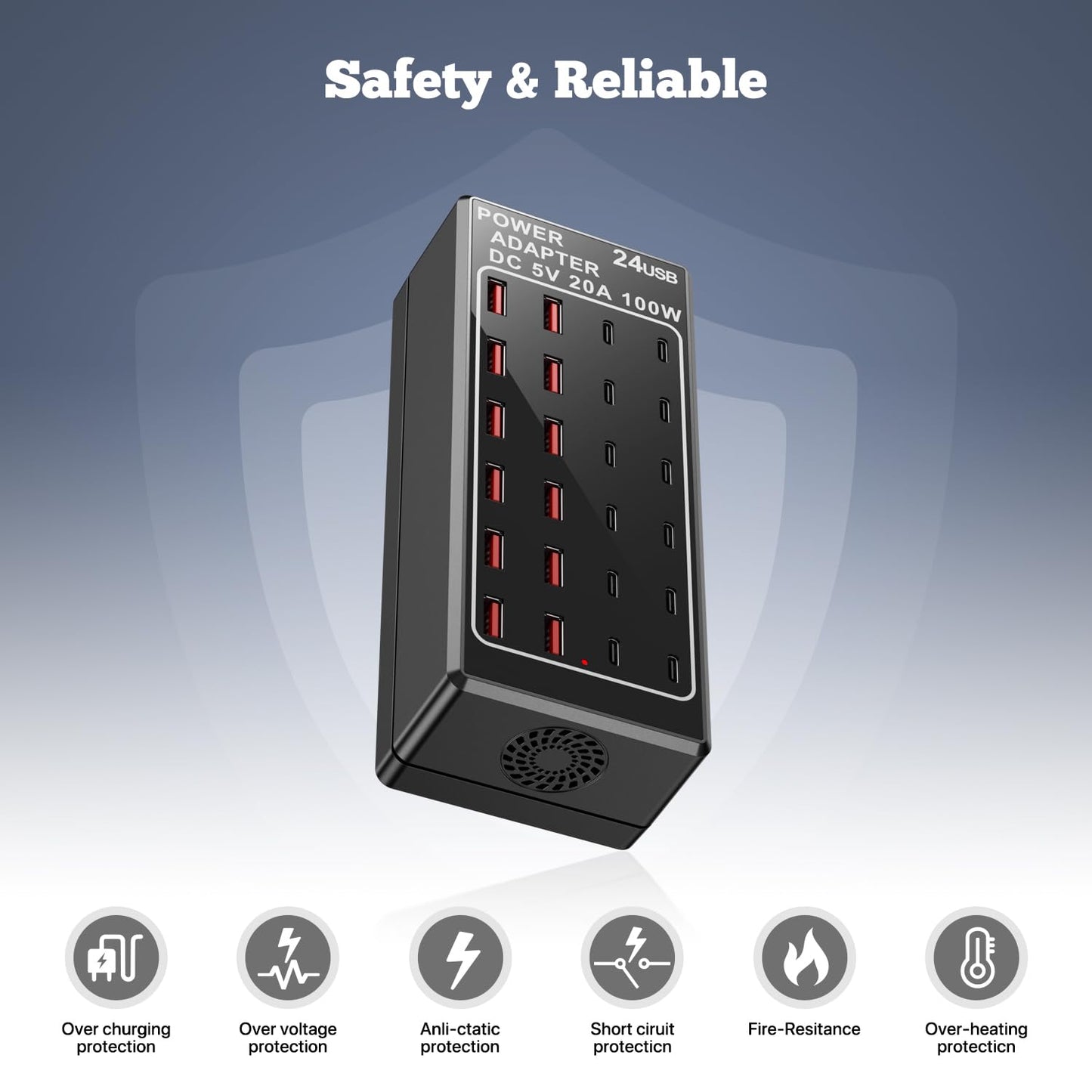 USB Charger, USB C Charger Block, 100W (20A) 24 Port Multiple USB Charger Station Desktop USB Wall Charger 12 USB C 12 USB A Compatible for Apple iPhone, iPad, Samsung Galaxy, Laptop, Pixel, Phones