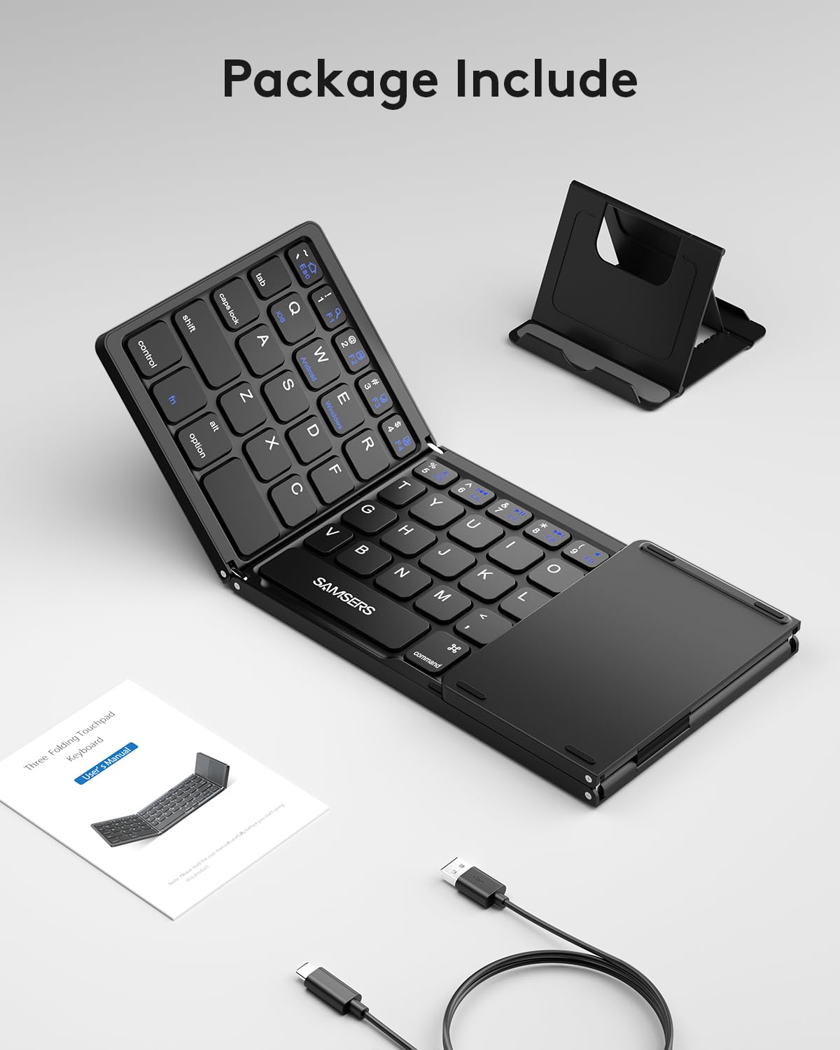 Samsers Foldable Bluetooth Keyboard with Touchpad - Portable Wireless Keyboard with Holder, Rechargeable Full Size Ultra Slim Pocket Folding Keyboard for Android Windows iOS Tablet & Laptop - Black