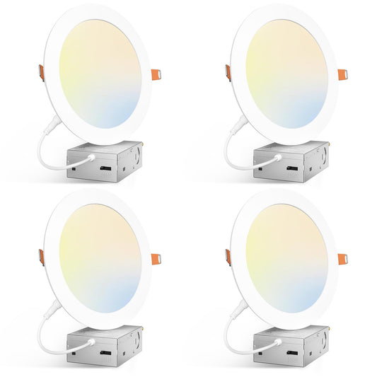 Amico 4 Pack 7 Inch 5CCT Ultra-Thin LED Canless Recessed Ceiling Light with Junction Box, 2700K/3000K/3500K/4000K/5000K Selectable, 15W=100W, 1300LM High Brightness, Dimmable Wafer Downlight-ETL&FCC