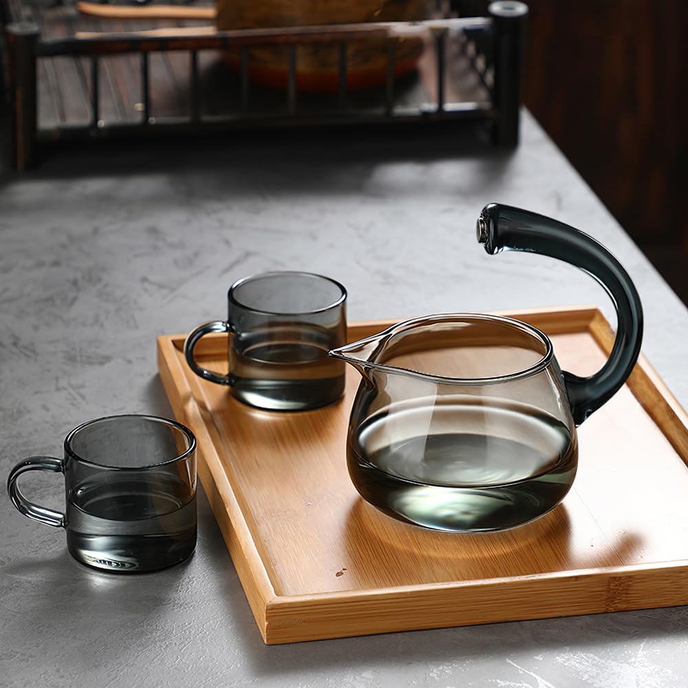 Lazy Kungfu Drip TeaPot, Heat Resistant Tea Set, Semi-Automatic Glass Teapot Suit for Magnetic Water Flow Wooden Glass Teapot Set (Bamboo Glass handle)
