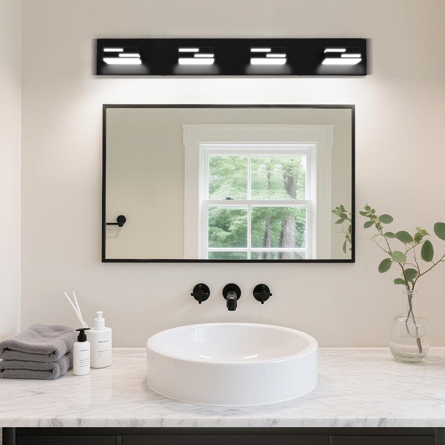 LKHF LED Modern Bathroom Vanity Light Fixtures, Dimmable Matte Black Vanity Lights for Bathroom Lighting Fixtures Over Mirror, with 360° Rotatable Acrylic Heads 4-Light 30-inch (Cool White 6000K)