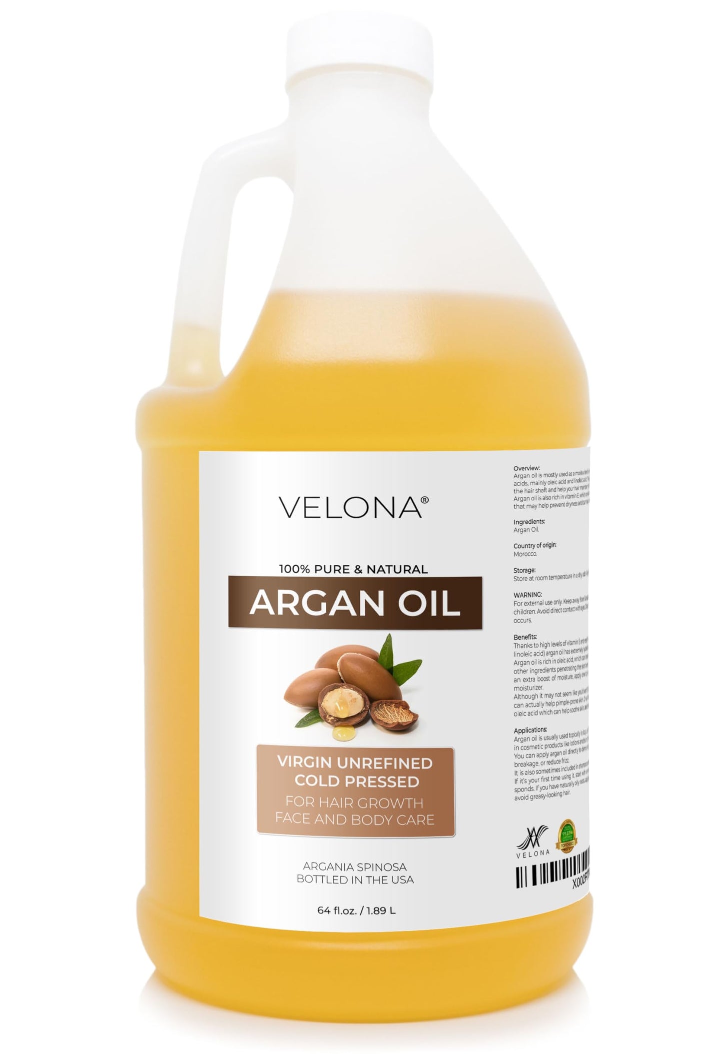 velona Argan Oil - 64 Fl Oz | 100% Pure and Natural | Morocco Oil | Stimulate Hair Growth, Skin, Body and Face Care | Nails Protector | Unrefined, Cold Pressed