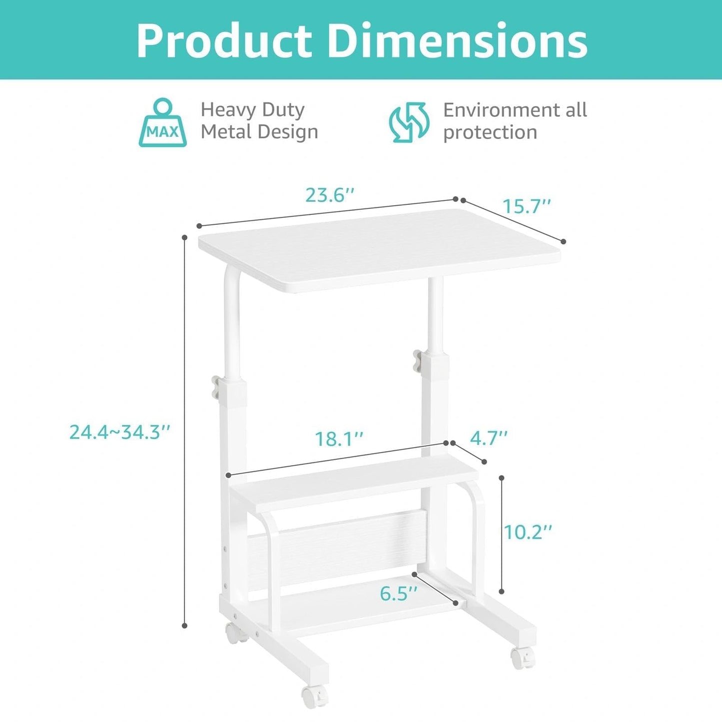 WINAZ Small Bedroom Laptop Rolling Desk - 24" White Mobile Kids Desk with Wheels for Small Spaces, Height Adjustable C Shaped Side Table with 2-Tier Storage Shelves