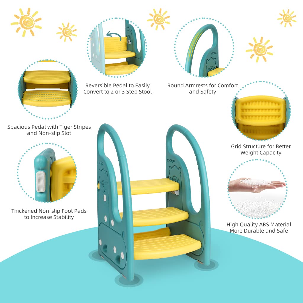 Toddler Step Stool Chair Onasti Kids 3 Step Standing Tower for Toddlers Plastic Learning Helper Stool for Kitchen Counter Bathroom Sink Toilet Potty Training with Handles and Non-Slip Pads-Green