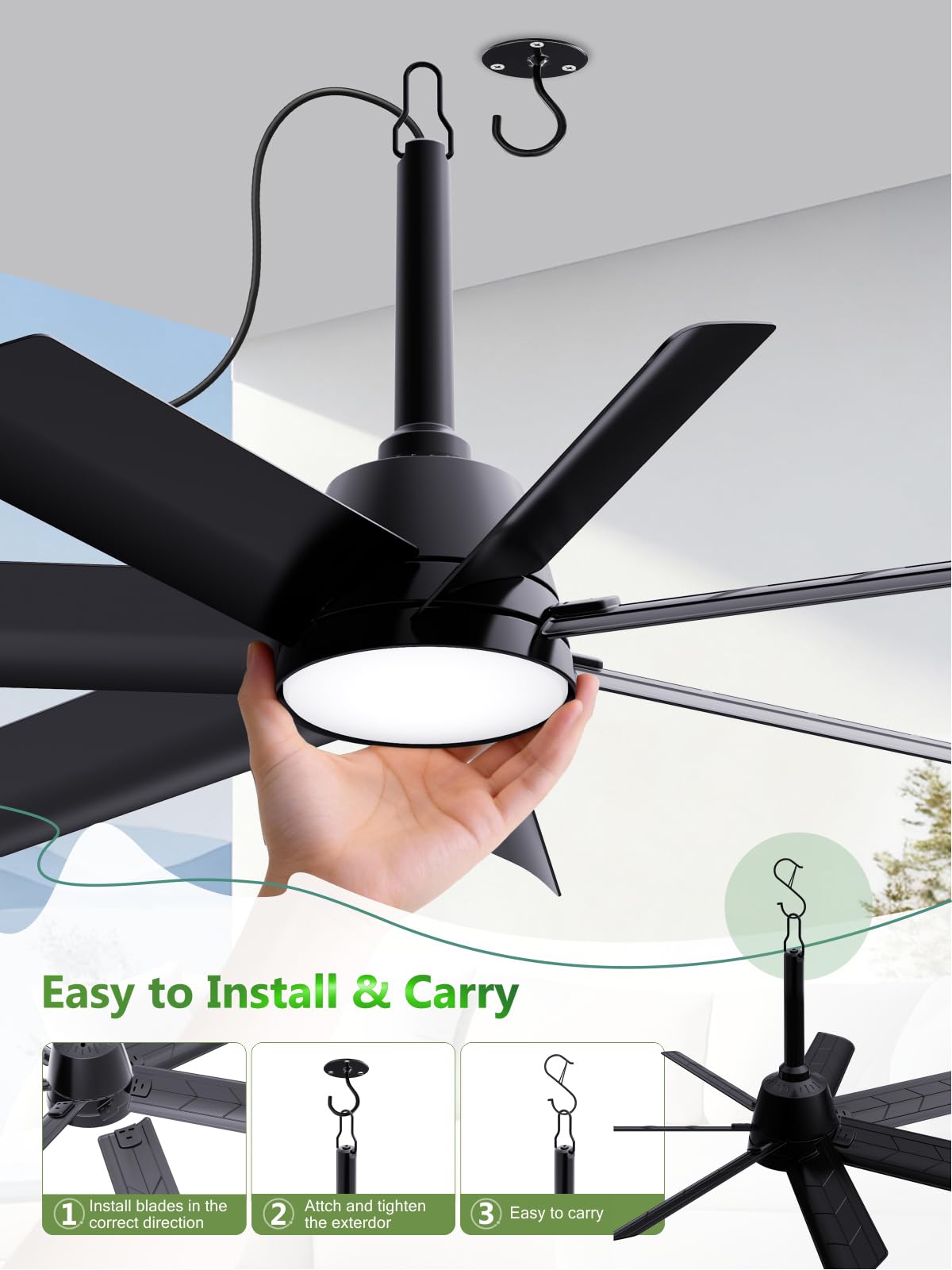 LANMEL 28 Inch Plug-In Outdoor Ceiling Fan with Light and Remote,IP65 Waterproof Hanging Fan Light with Hook,6 Speed,Reversible,3CCT,Dimmable,Portable Gazebo Fan for Patio,Canopy,Porch,Rv(Black)