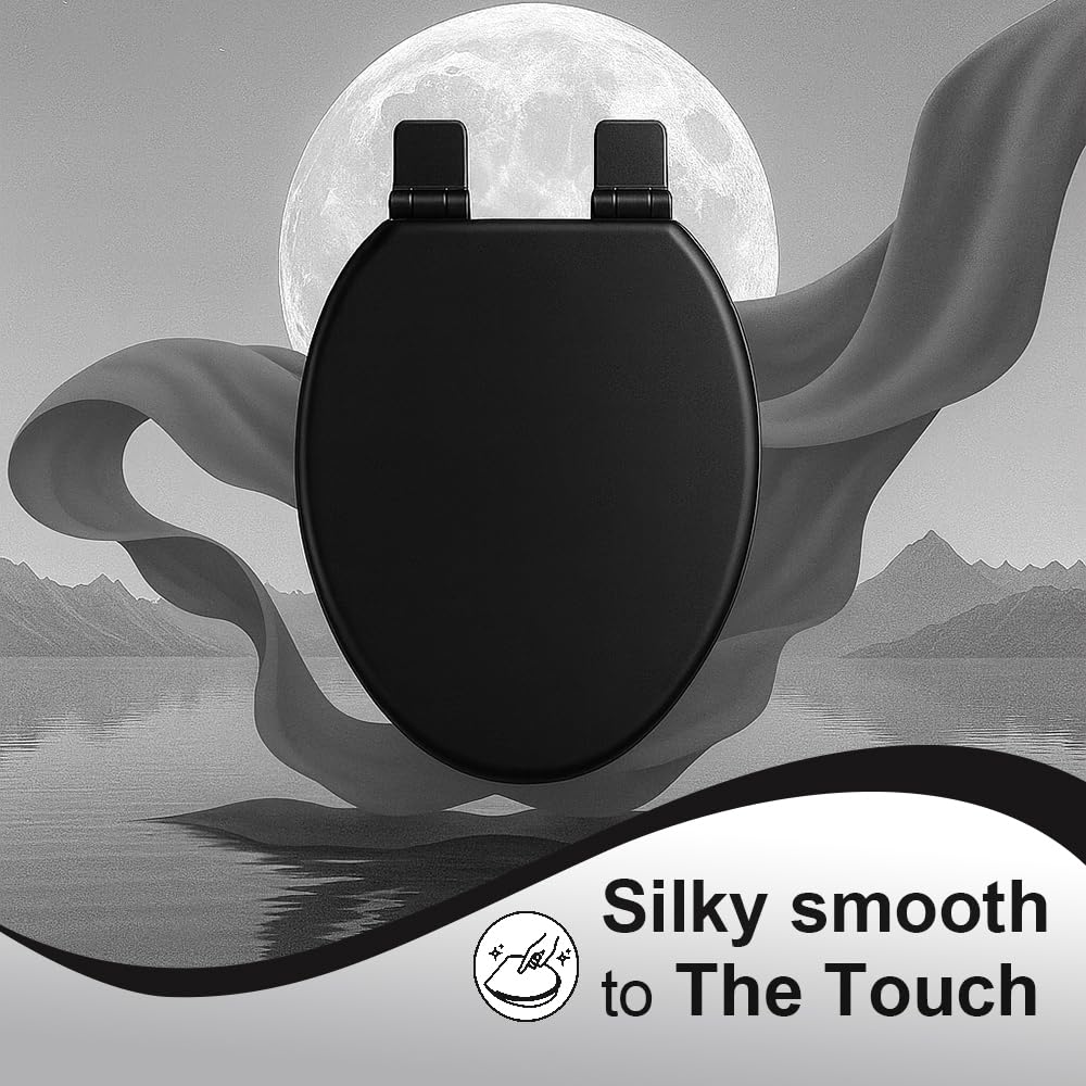 Toilet Seat, Slow Close, Soft Touch, Ultra-Smooth Matte Finish (No Orange-Peel Texture), Premium Moulded Wood, Quick Release, PIKLiDS (Black, Elongated)