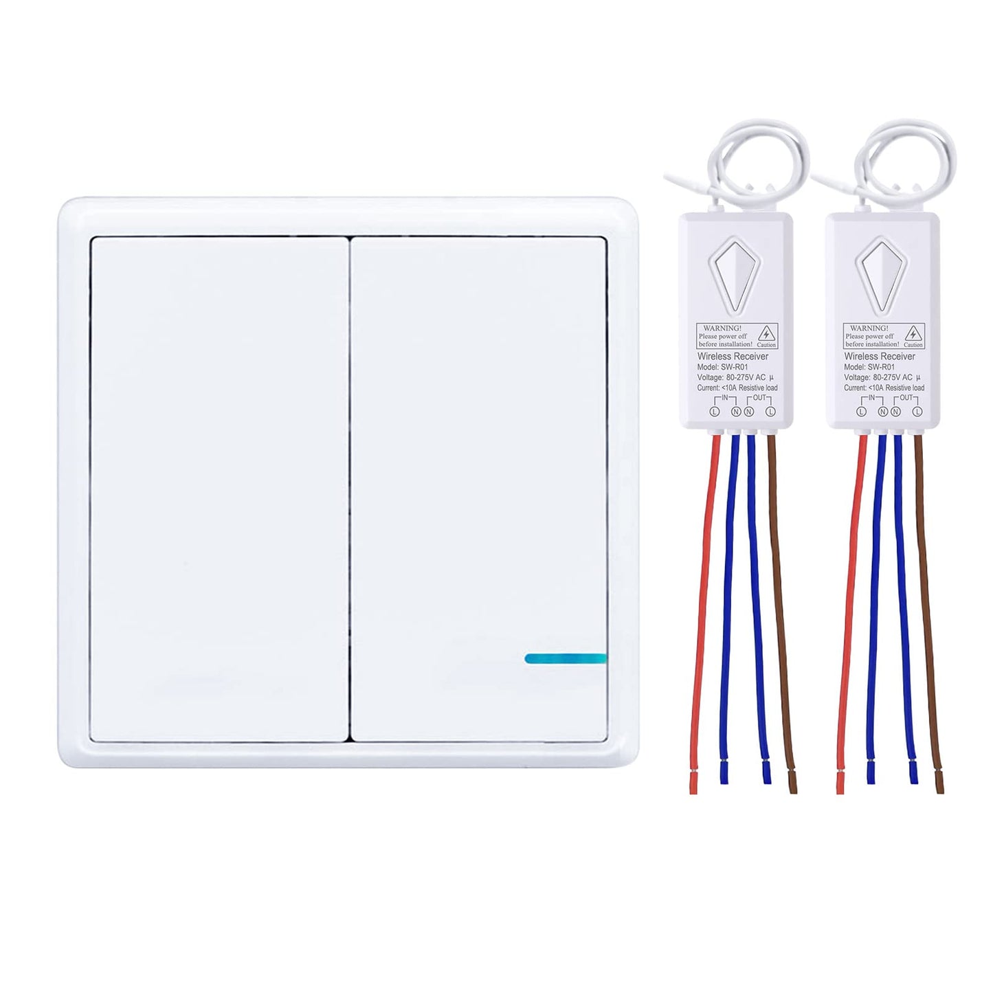 Thinkbee Wireless Light Switch and Receiver Kit, Outdoor 1969ft Indoor 130ft, No Wiring, No WiFi, Remote Control for Led Light Wireless Panel Switch, IP66 Waterproof (2 Gang Switch 2 Receivers kit)