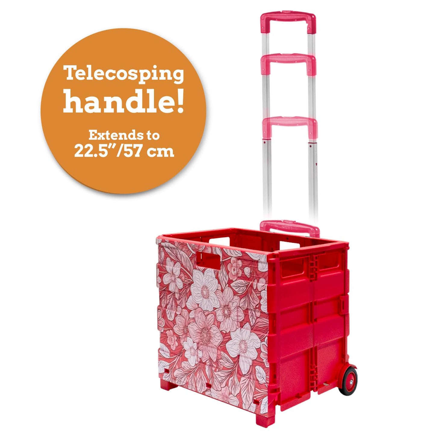 Inspired Living Ultra-Slim Rolling Collapsible Storage Pack-N-Roll Utility-carts, with Telescopic Handle, for Home, Garden, Shopping, Office, School use, Large, Red, White Flower Print