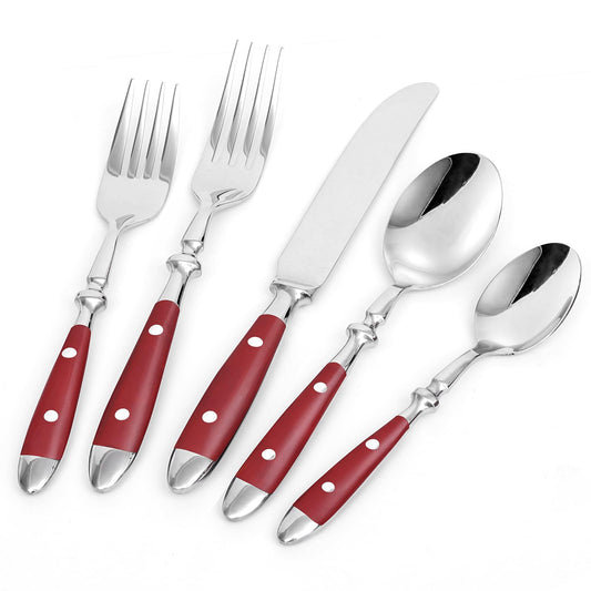 20-Piece Silverware Set for 4, High-end Everyday Flatware Set, Red Handles Cutlery Set, Retro Stainless Steel Forks and Spoons, Mirror Finished Utensil for Home Restaurant, Dishwasher Safe