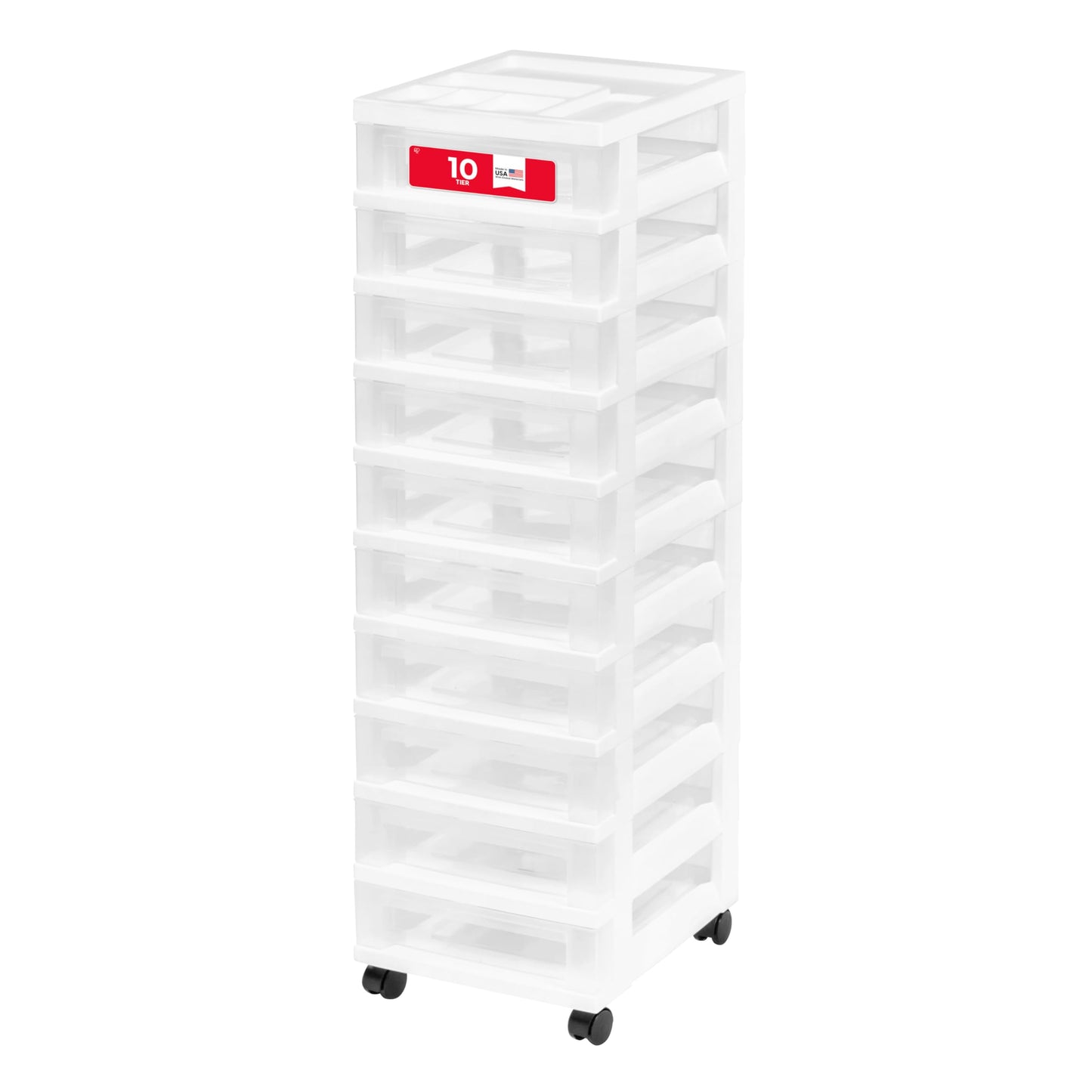IRIS USA Plastic Drawer Storage Organizer Rolling Cart, with Wheels Casters, 10-Drawers, for Classroom Art Craft Supplies Dresser Closet Bathroom Laundry Room, White/Clear