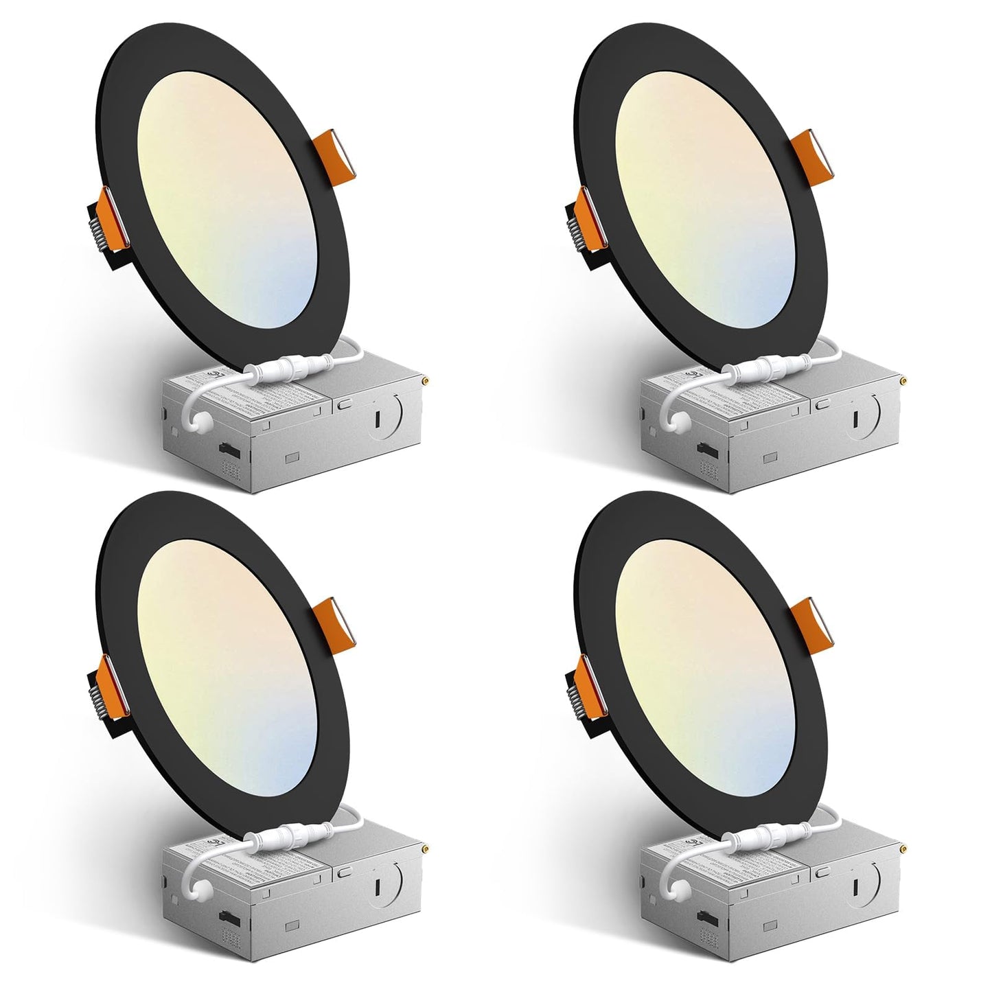 Amico 4 Pack 6 Inch Black 5CCT Ultra-Thin LED Recessed Light with Junction Box, 2700K/3000K/3500K/4000K/5000K Selectable, 12W Eqv 110W 1050LM Dimmable Canless Wafer Downlight, ETL & FCC