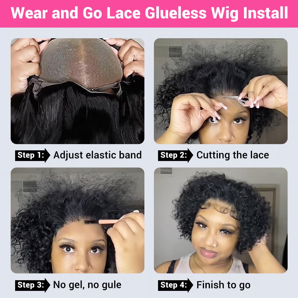 Amygirl Wear and Go Glueless Wigs Human Hair Pre Plucked Pre Cut Bob 4x4 Curly Wave Lace Front Wig 180% Density No Glue Human Hair Wigs for Black Women, Natural Black 1B, 8 Inch