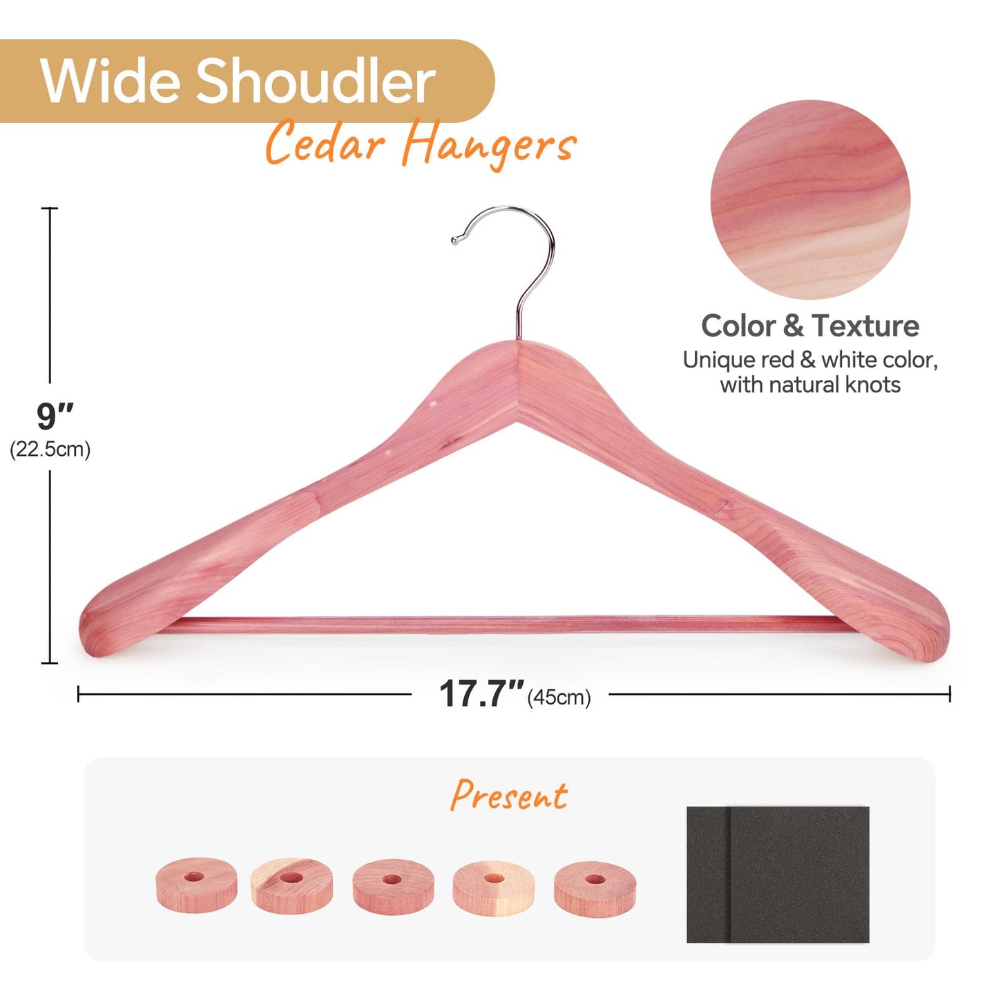 HOUSE DAY Wide Shoulder Cedar Hangers for Suits and Coats with Non Slip Pant Bar,360° Swivel Hook, Smooth Finish Cedar Wood Hangers for Closet, Closet Essentials, 10 Pack