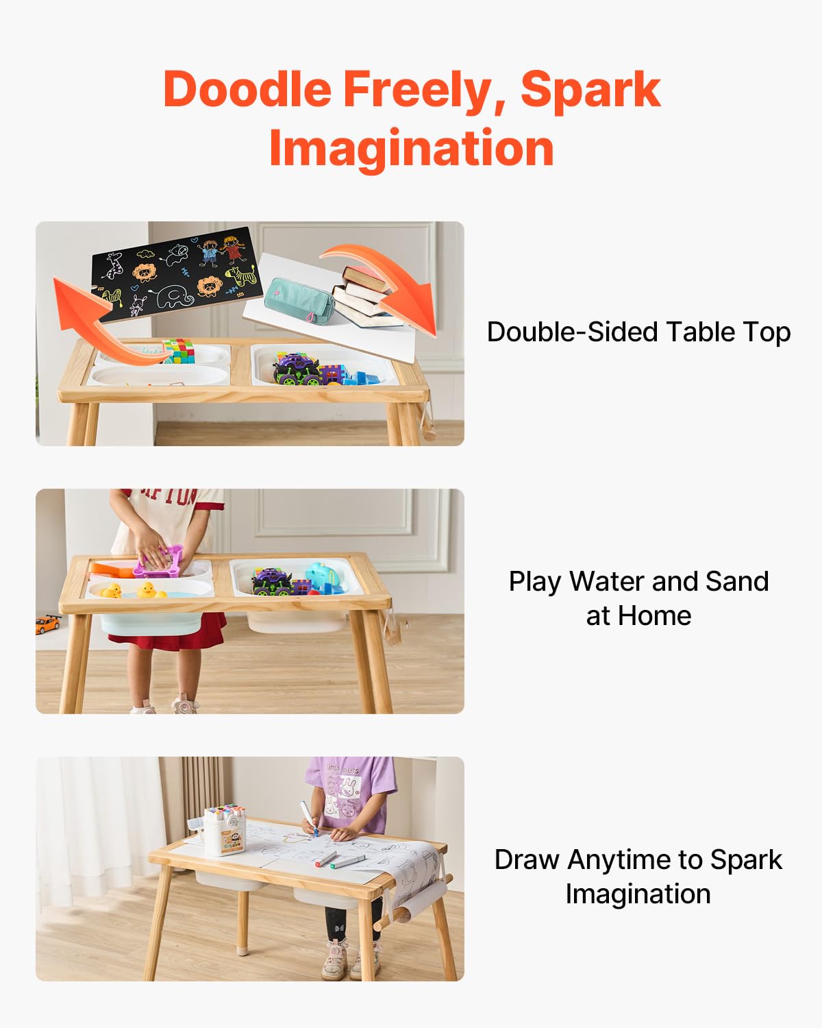VEVOR Sensory Table, Kids Sensory Table for Toddlers, Kids Activity Desk with 3 Foldable Storage Bins & Paper Roll Holder, Wooden Toddler Activity Drawing Desk, Indoor/Outdoor Play Sand and Water